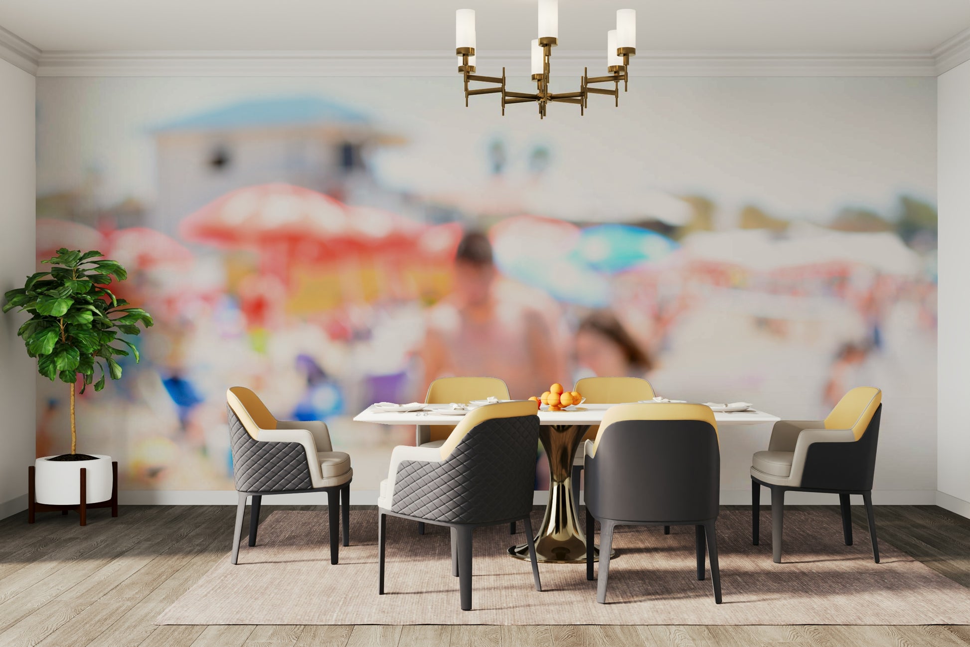 A peaceful seaside view mural on decorative wallpaper.

