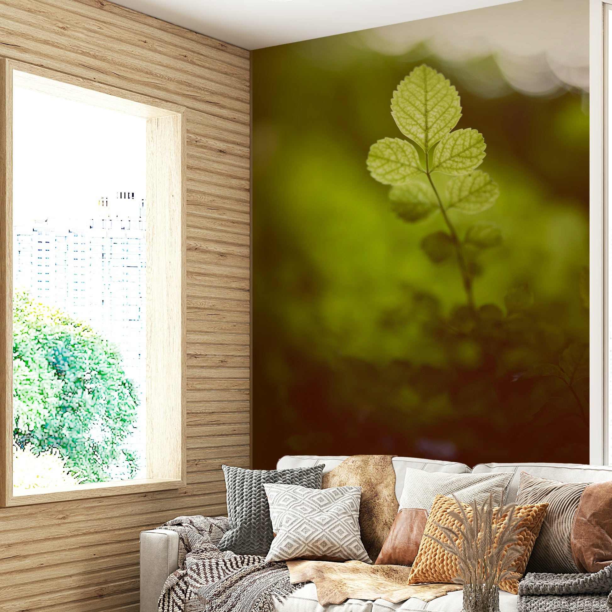 A graceful subtle pattern wall mural in bright, natural tones.

