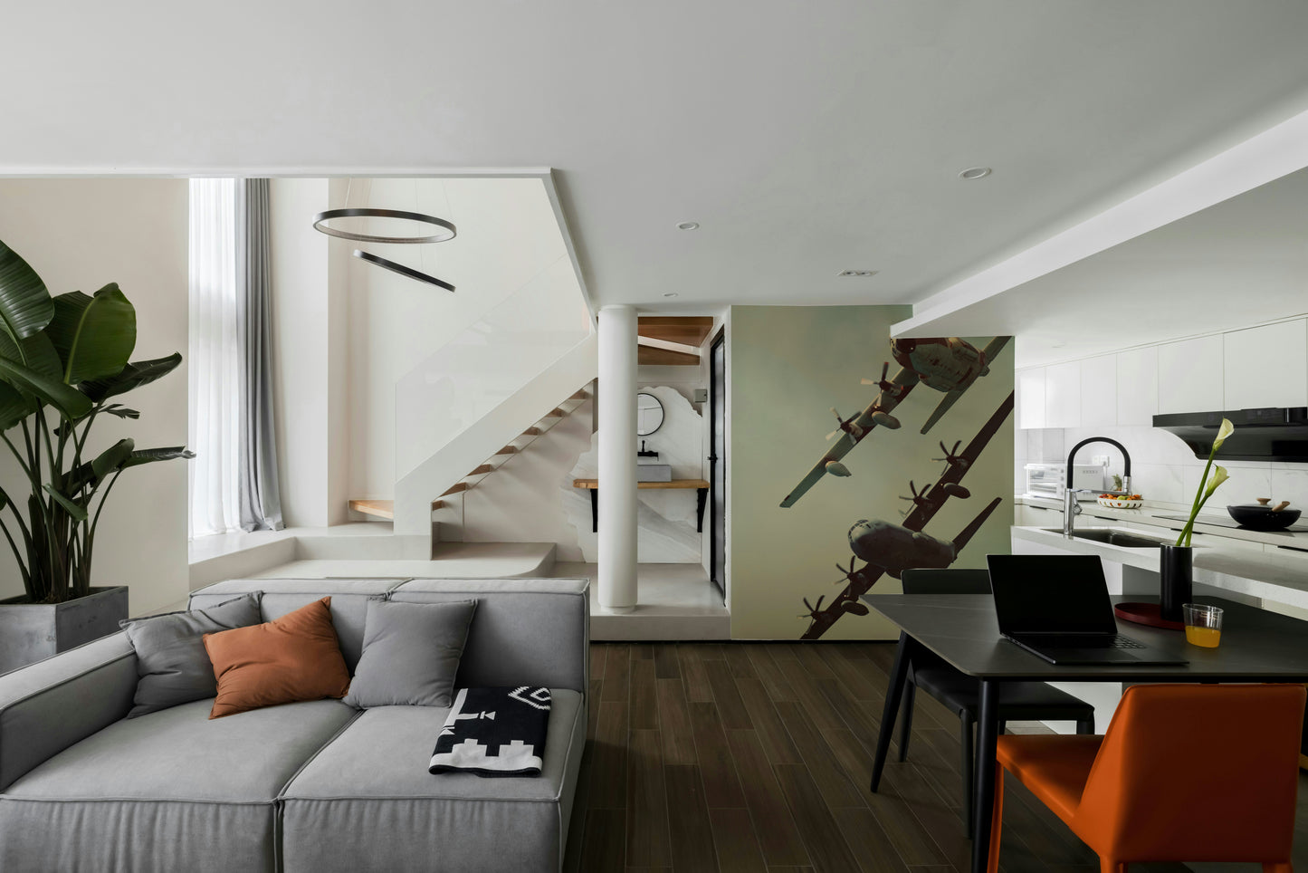 A peaceful shared space mural on decorative wallpaper.

