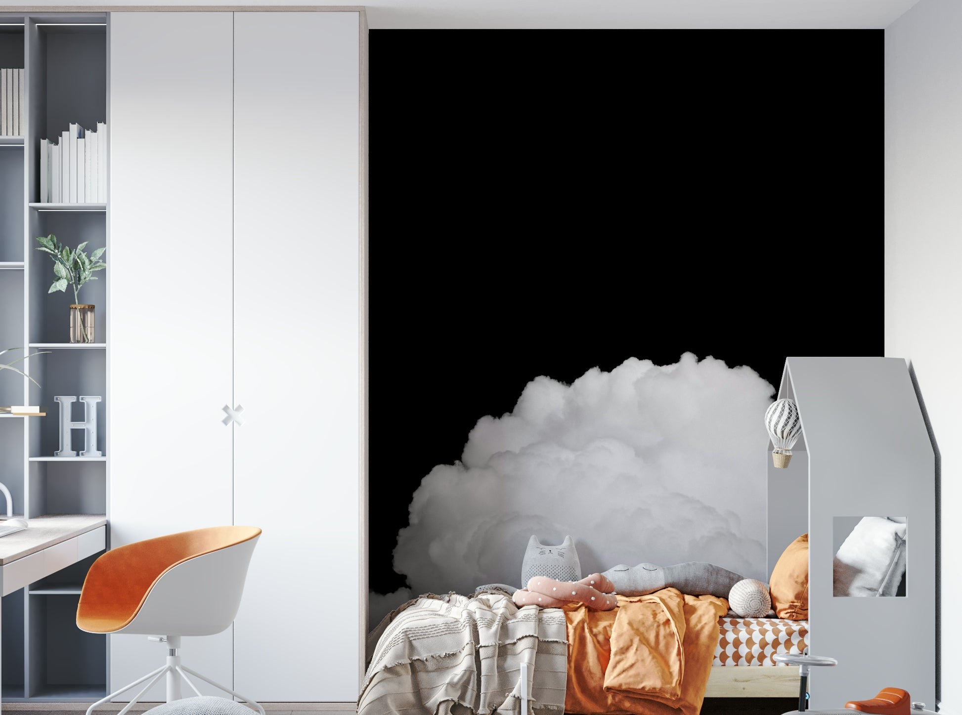 A calming dark cloud design wallpaper mural that defines a space.

