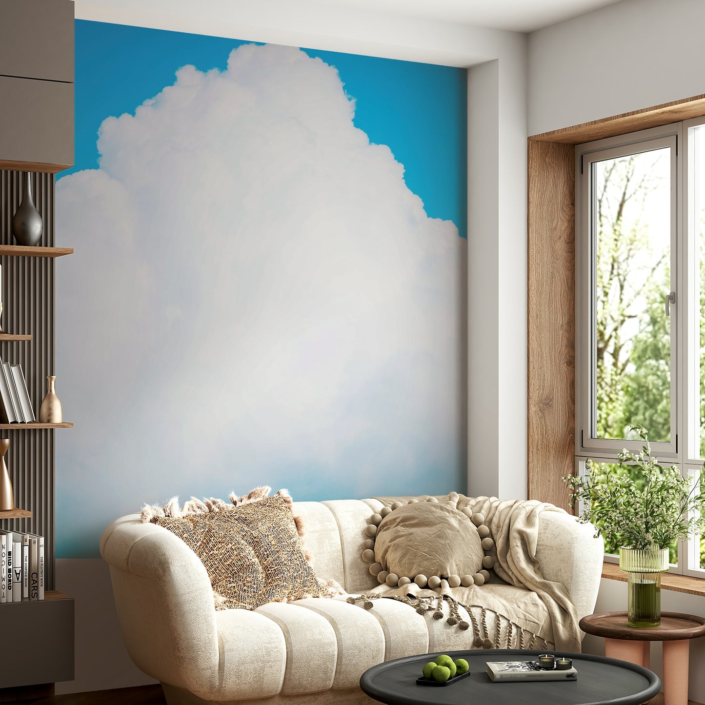 A calming serene sky wallpaper mural that defines a space.

