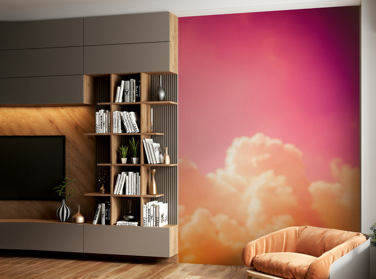 A graceful subtle cloud wall mural in bright blue tones.

