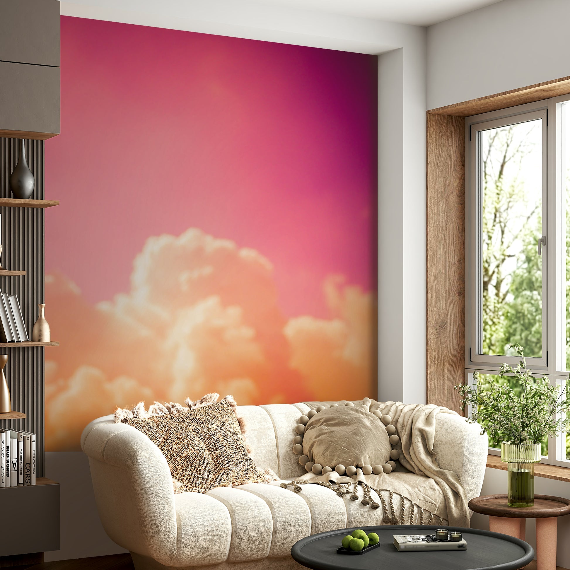 A peaceful open sky mural on decorative wallpaper.

