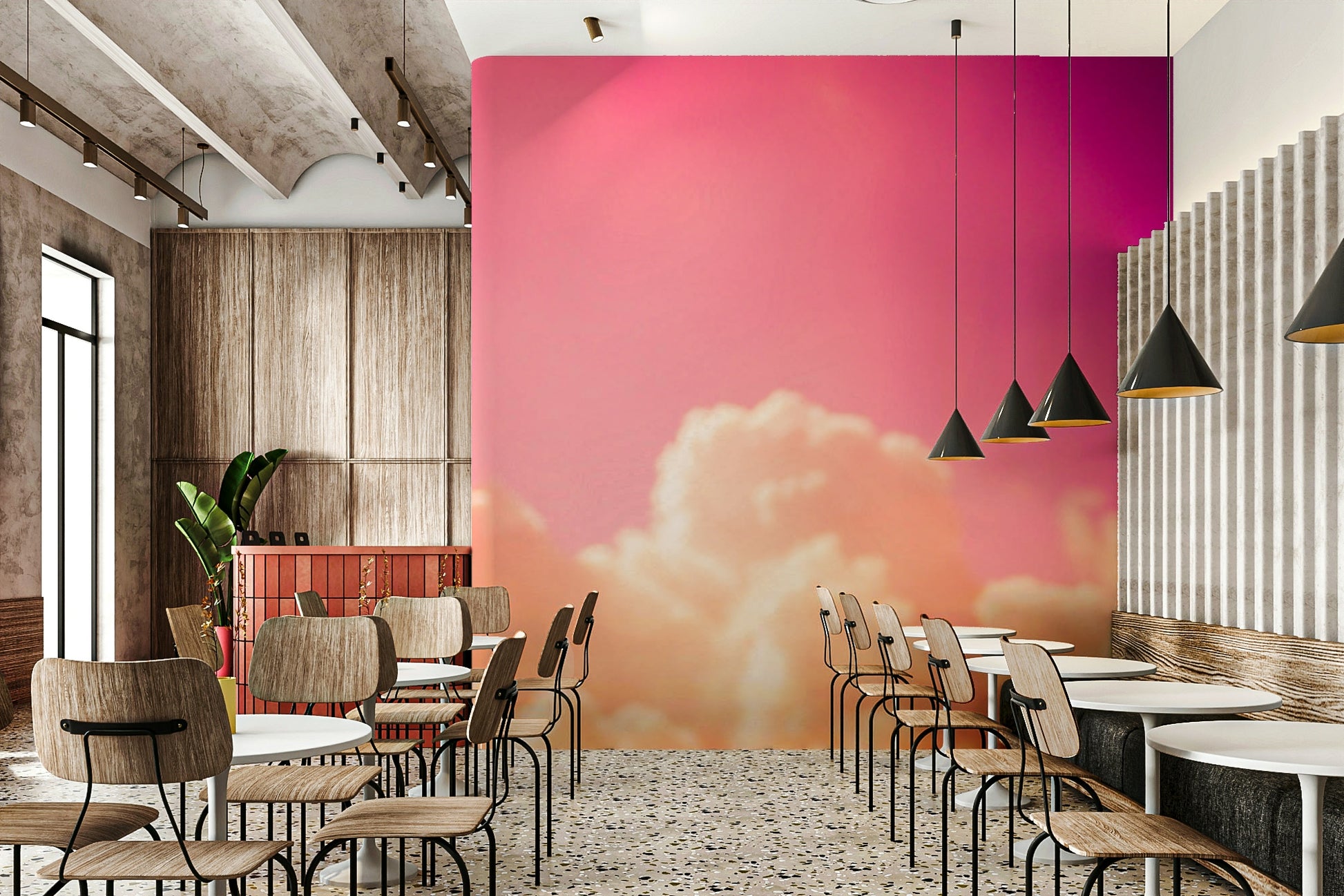 A beautiful serene sky wallpaper mural with soft clouds.

