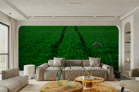 A peaceful stadium scene mural on decorative wallpaper.

