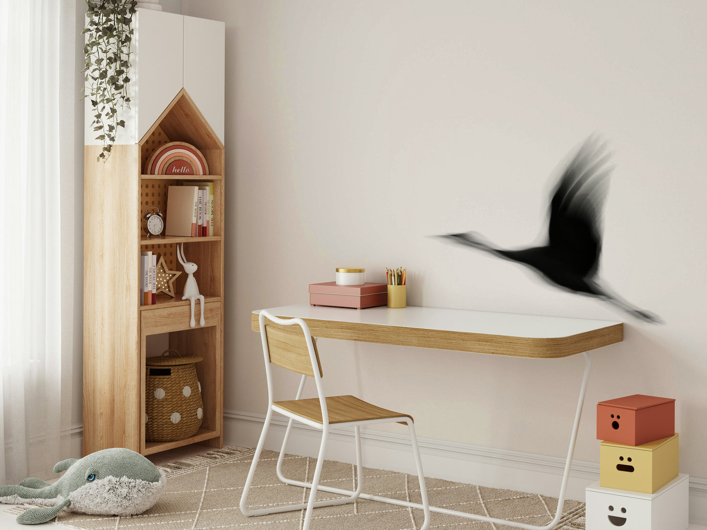 An artistic elegant crane mural on minimalist wallpaper.

