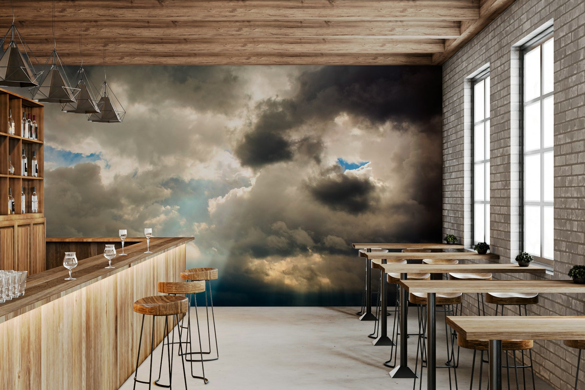 A beautiful modern cloud wall mural for a living room.

