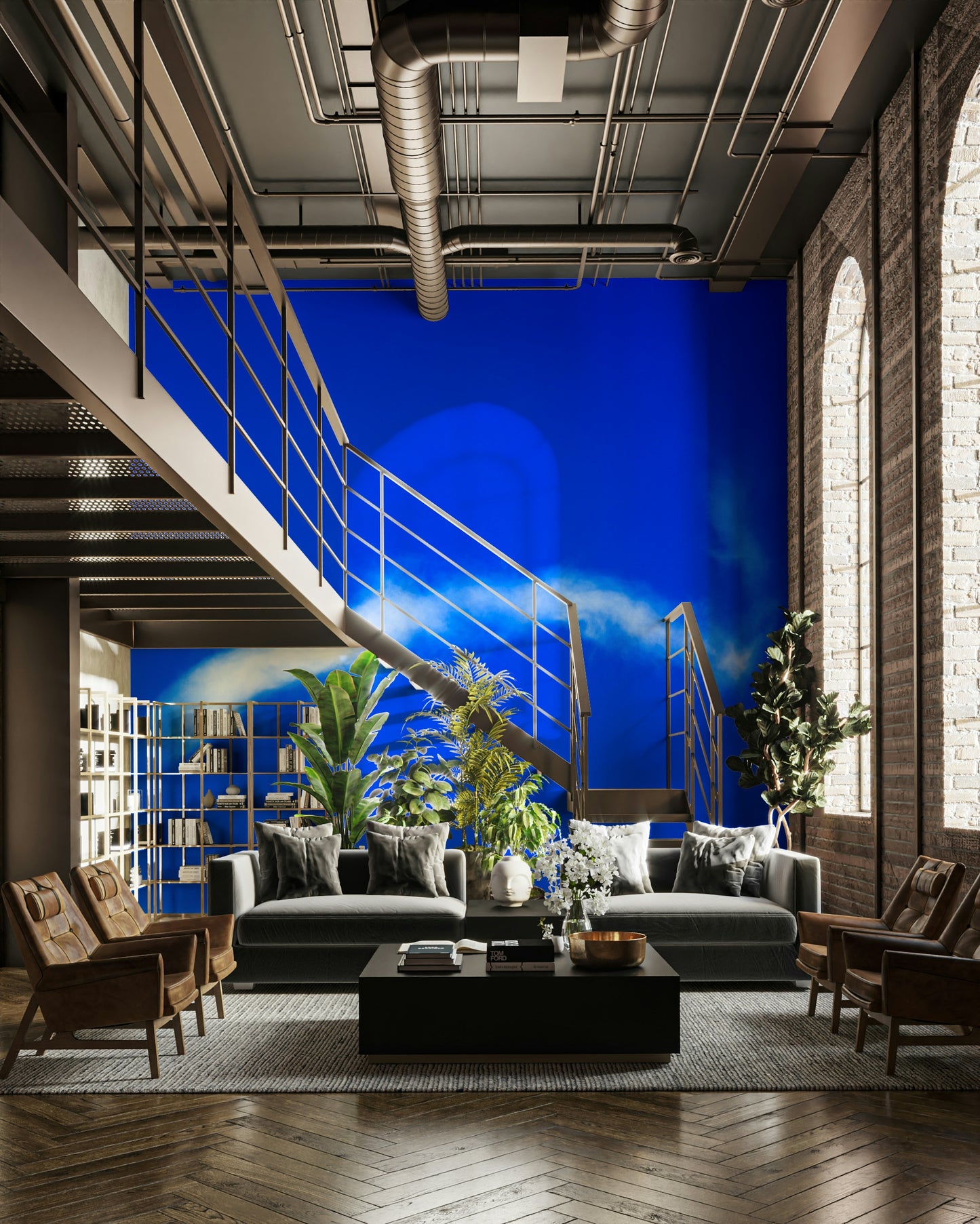 An artistic dreamy sky mural on minimalist wallpaper.

