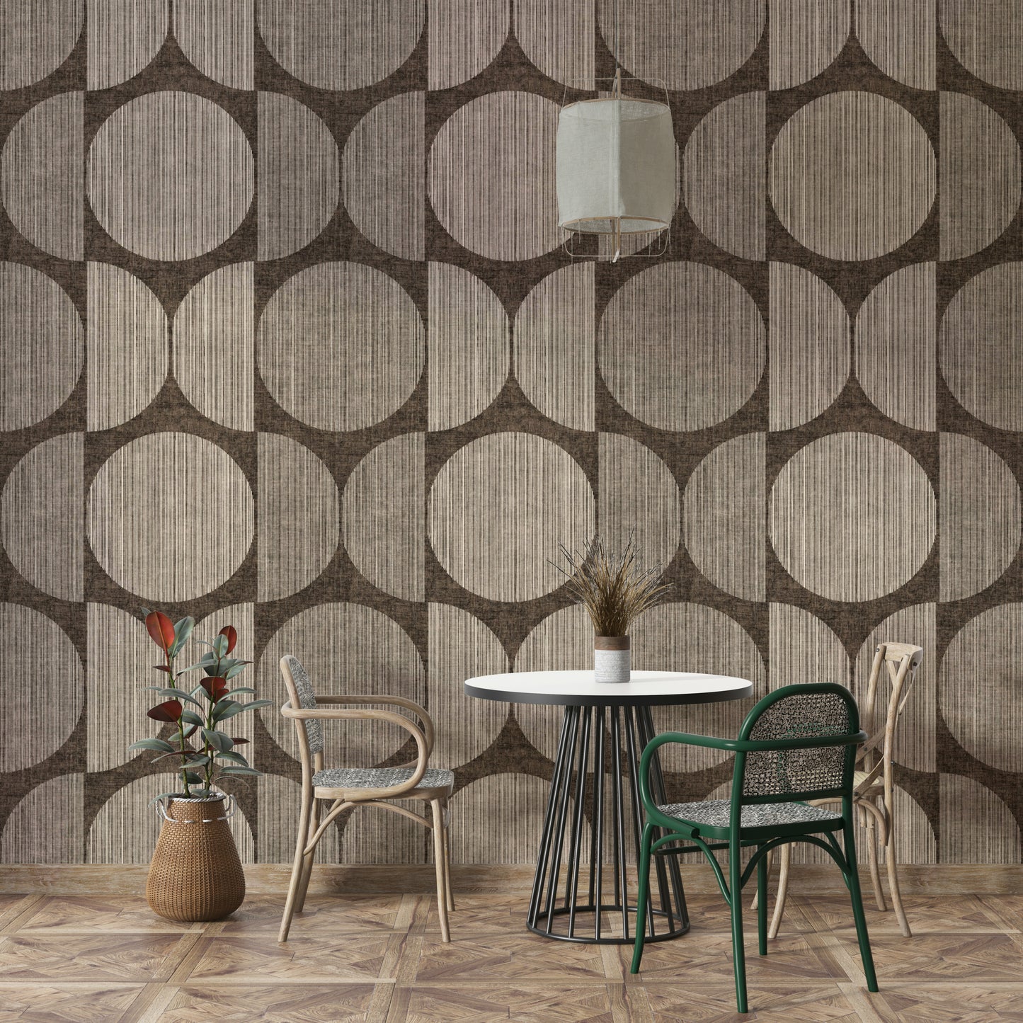 A peaceful geometric abstract mural on decorative wallpaper.

