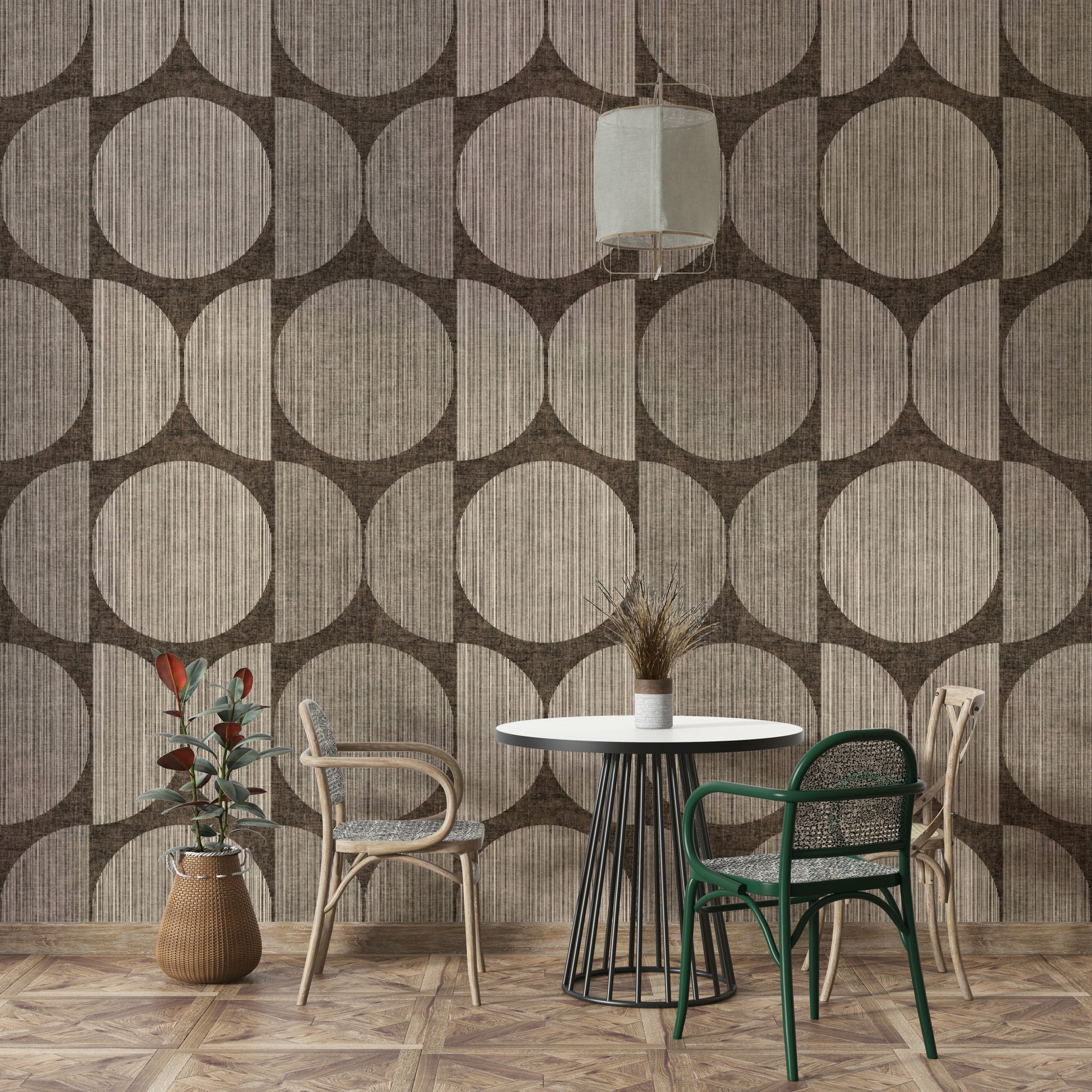 A peaceful geometric abstract mural on decorative wallpaper.

