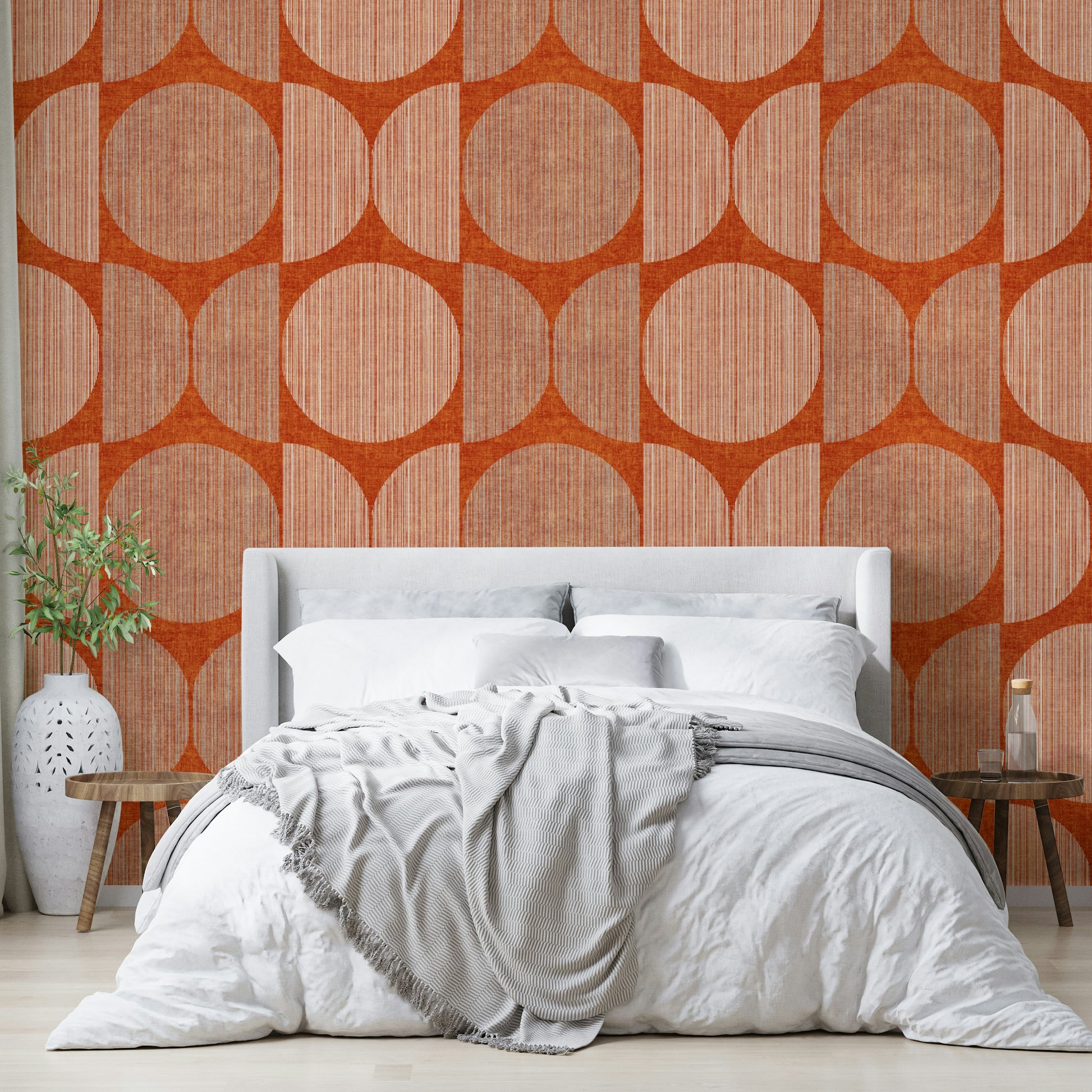 A peaceful geometric abstract mural on decorative wallpaper.

