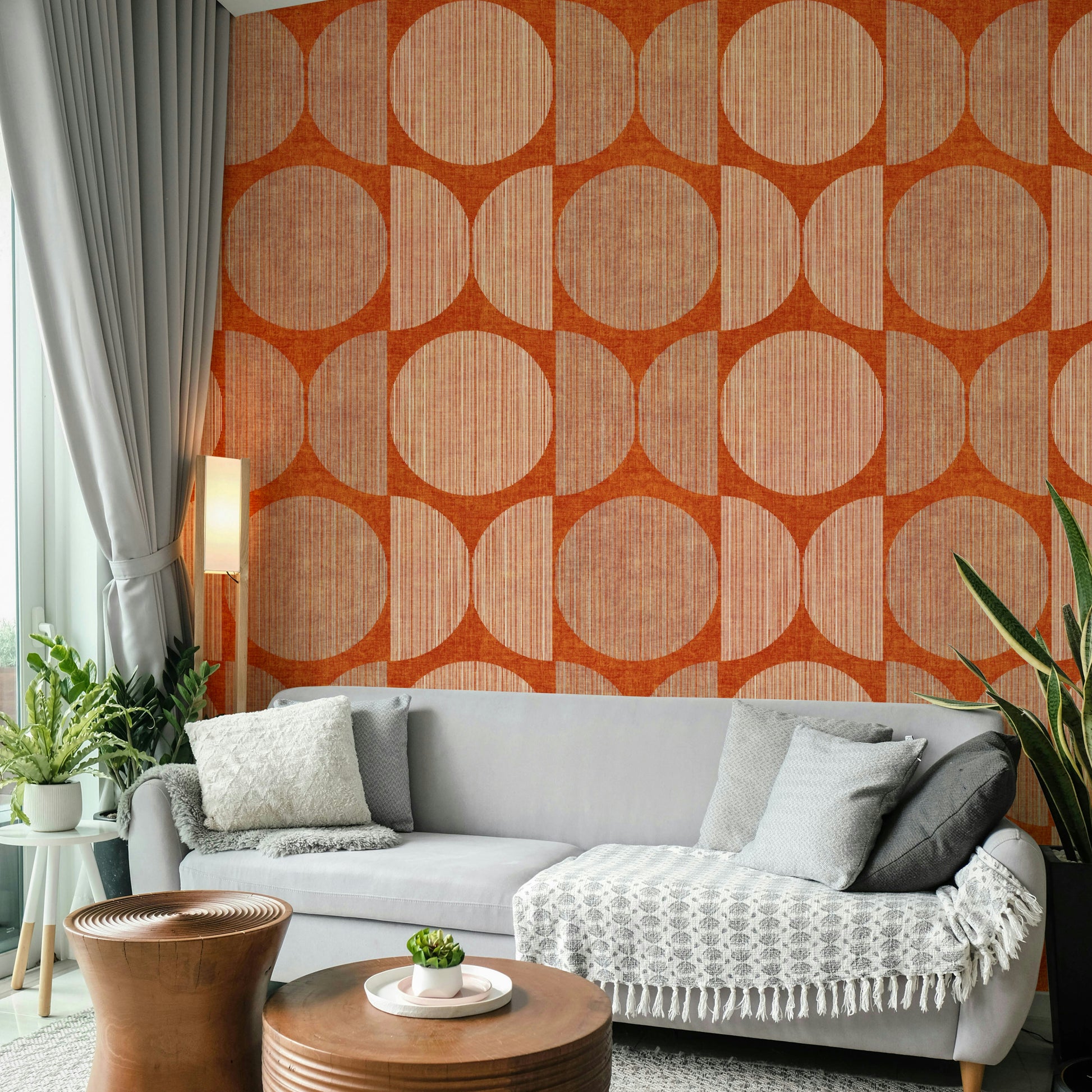 A graceful subtle circle wall mural in warm, earthy tones.


