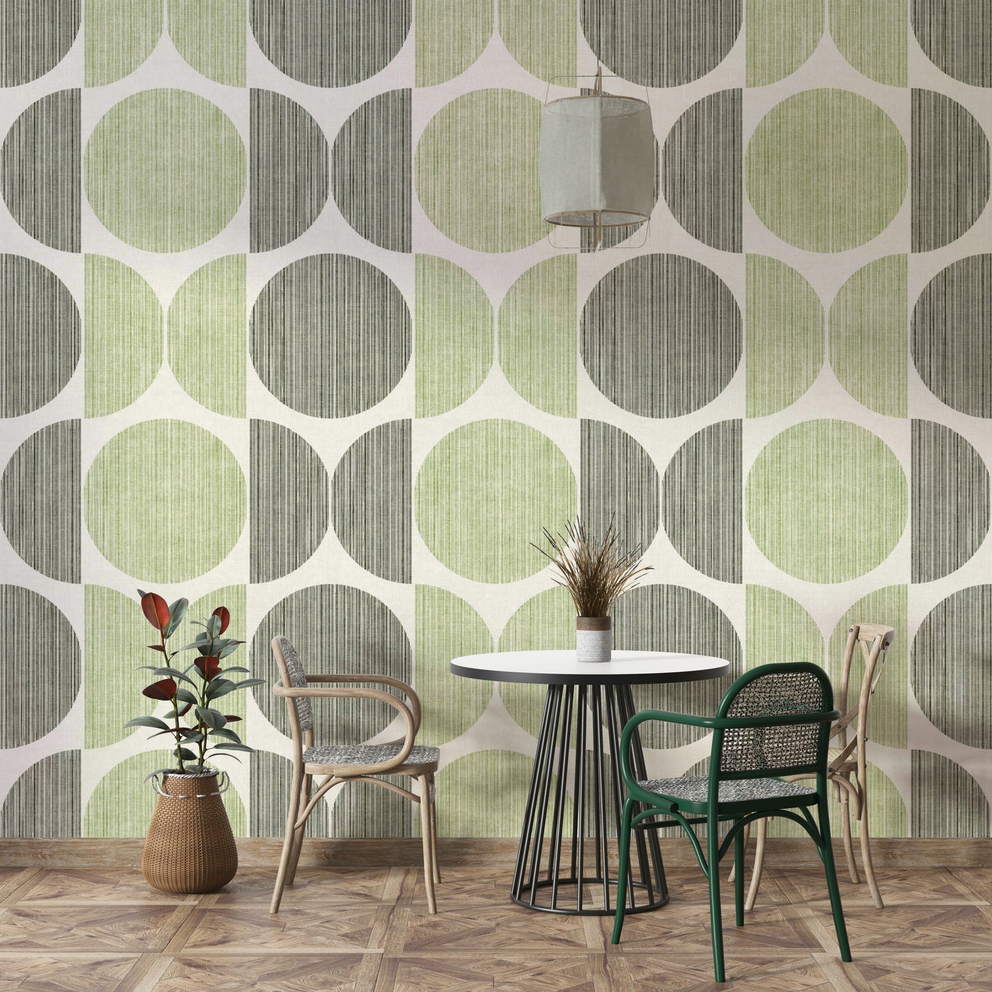 An artistic minimalist pattern mural on geometric wallpaper.

