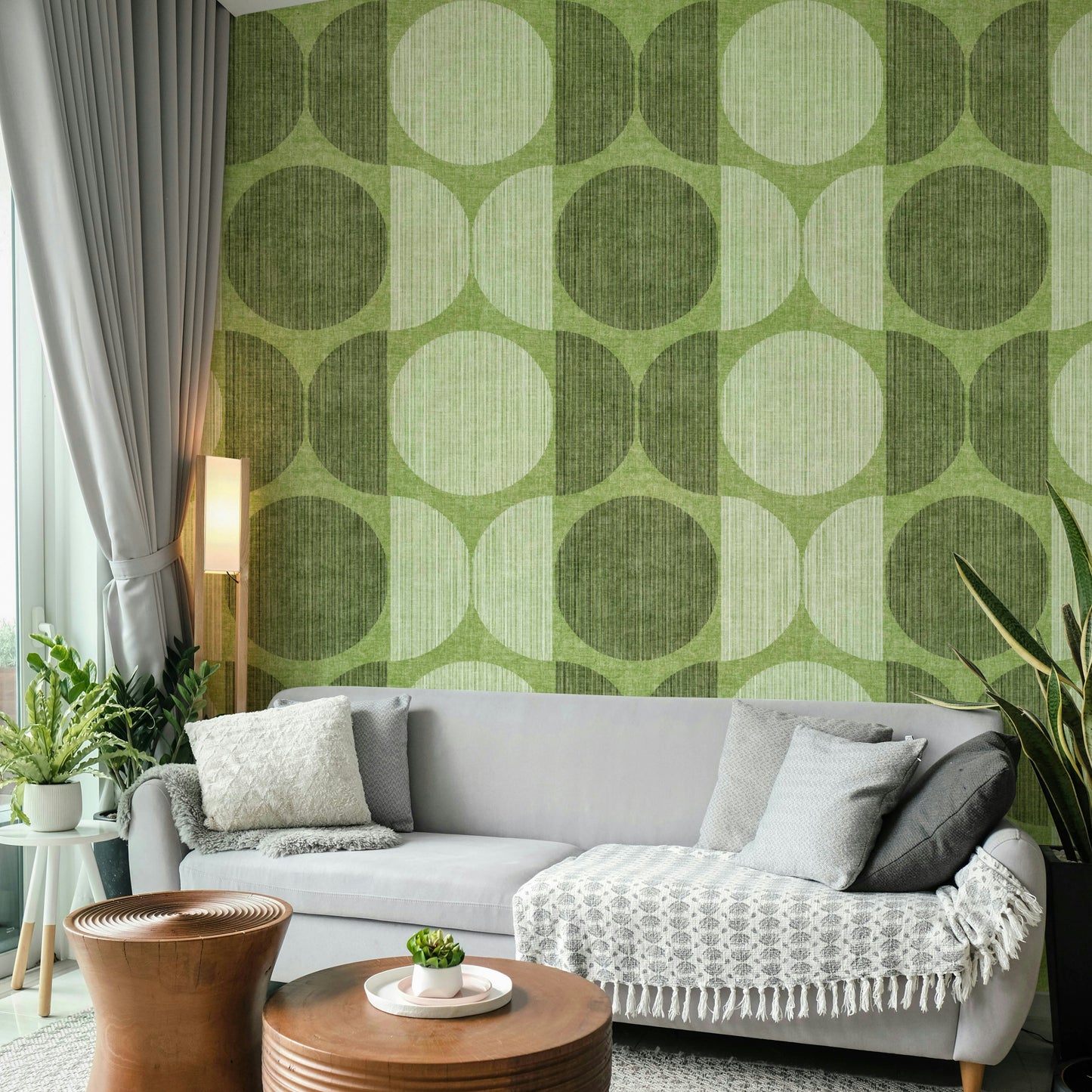 A peaceful geometric abstract mural on decorative wallpaper.

