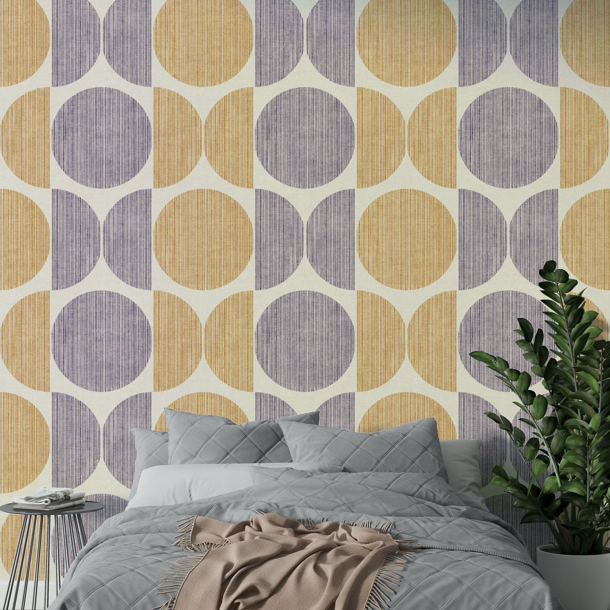A peaceful geometric abstract mural on decorative wallpaper.

