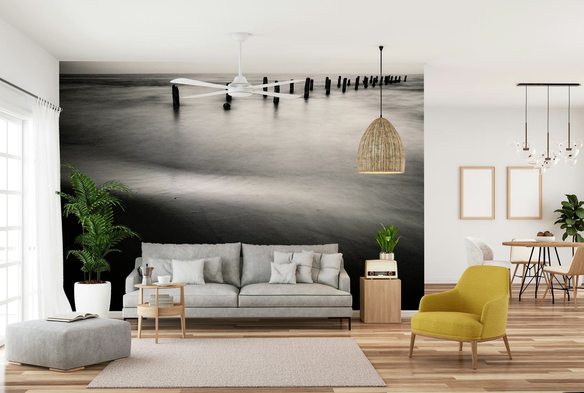 A calming beach scene wallpaper mural that defines a space.

