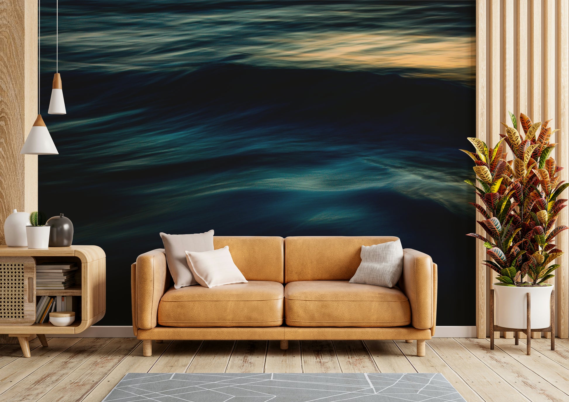 A peaceful open ocean mural on decorative wallpaper.

