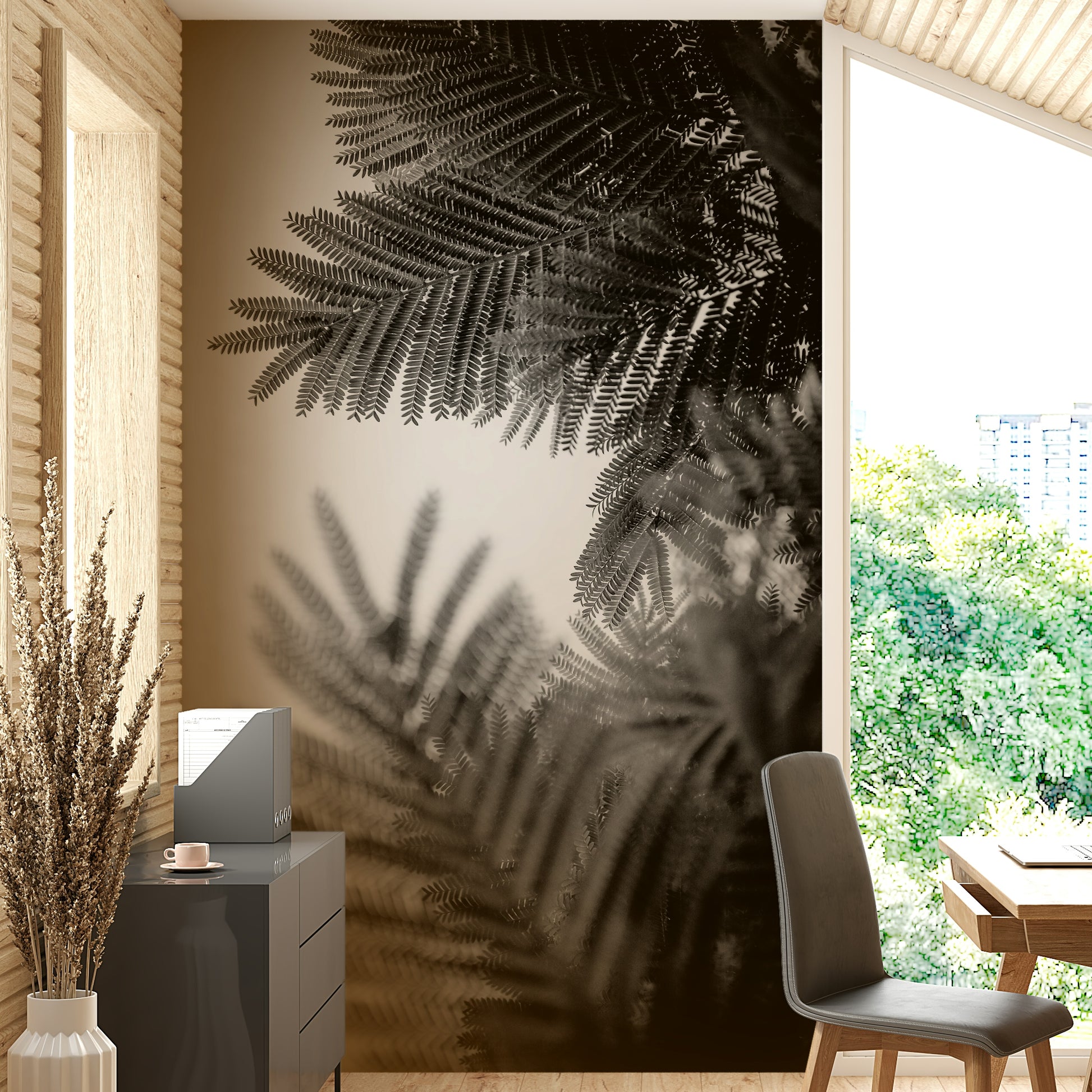 A graceful subtle geometric wall mural in soft tones.

