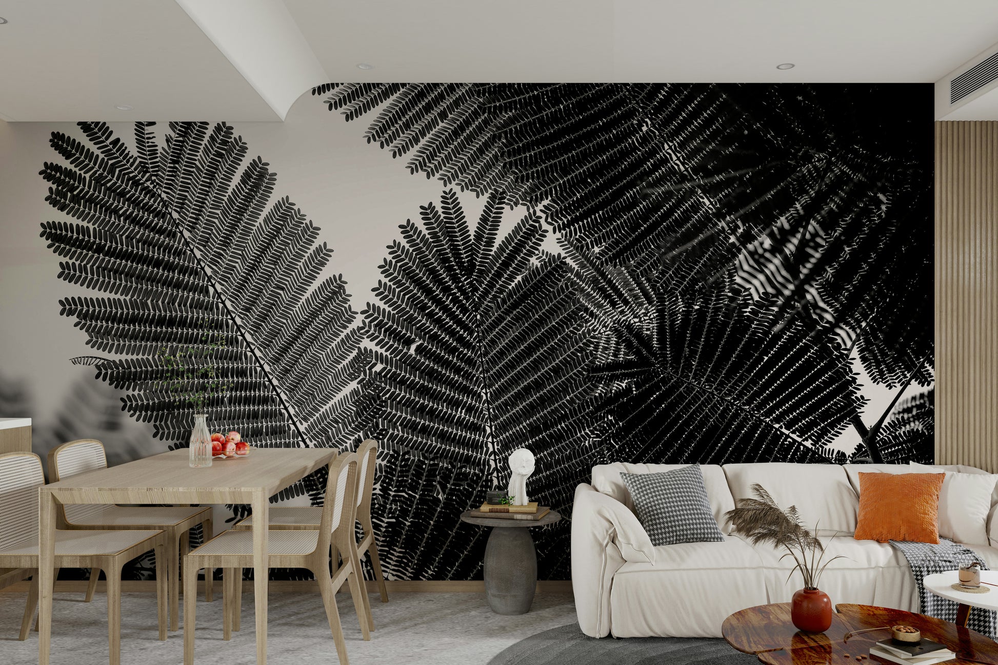 A graceful subtle geometric wall mural in cool, natural tones.

