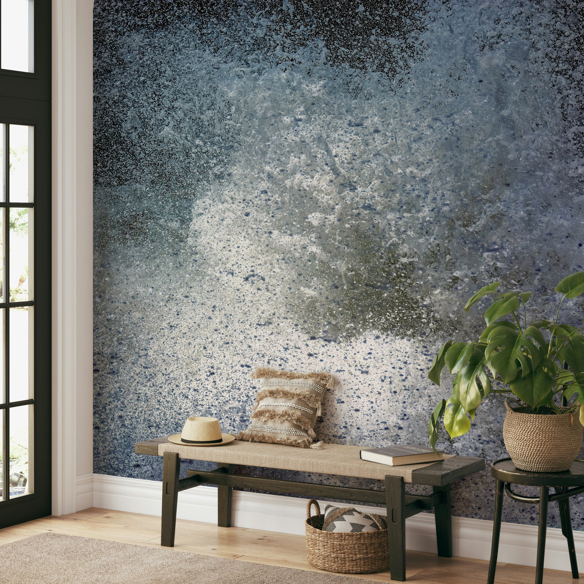 A contemplative exploding design wallpaper mural for a feature wall.


