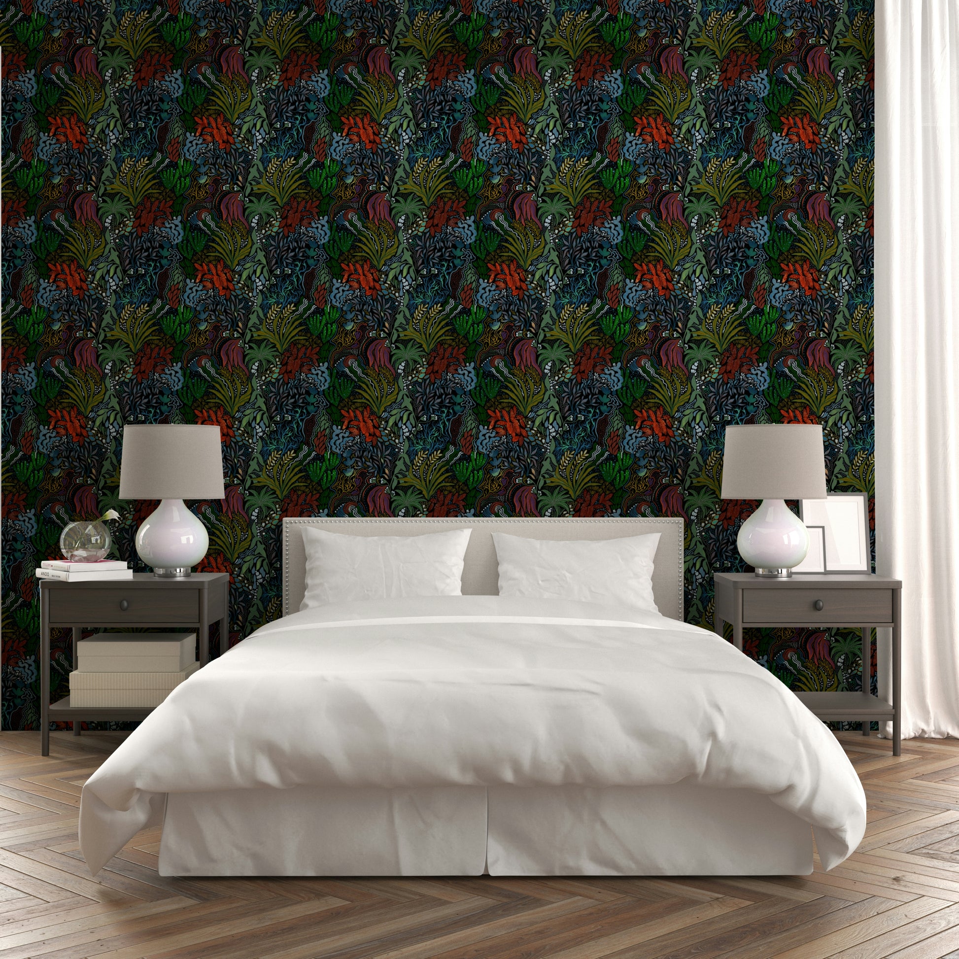 An artistic magical bloom mural on luxury wallpaper.

