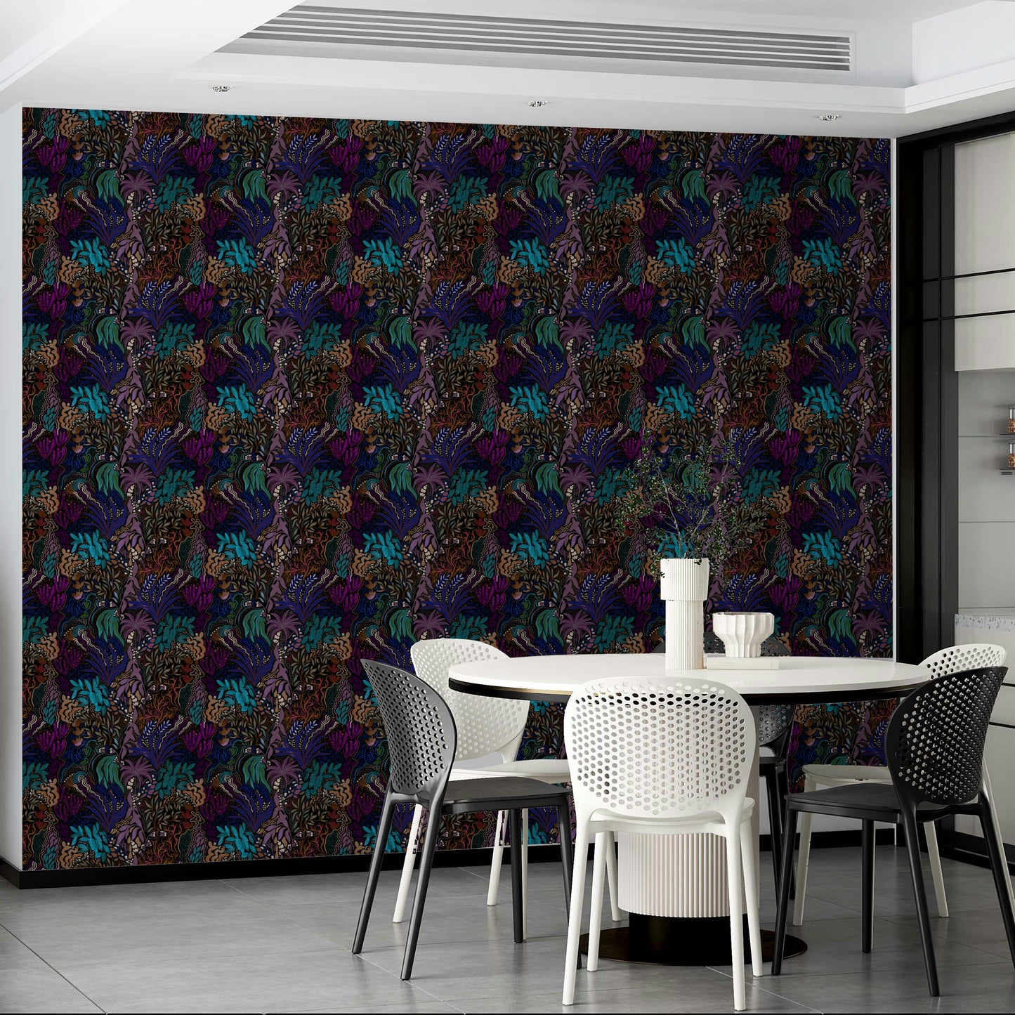 A peaceful abstract jungle mural on decorative wallpaper.


