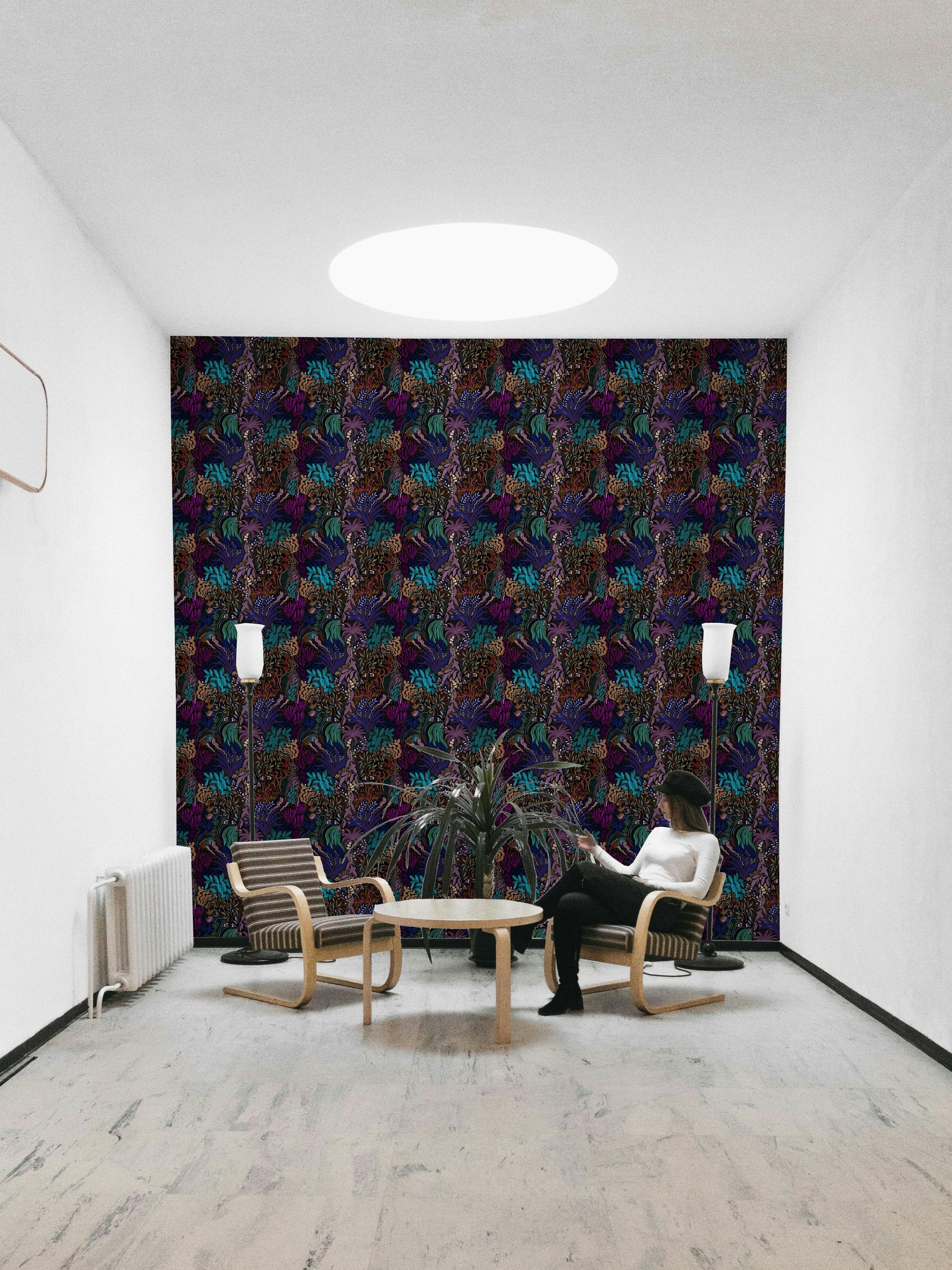 A beautiful midnight jungle wallpaper mural for a modern home.

