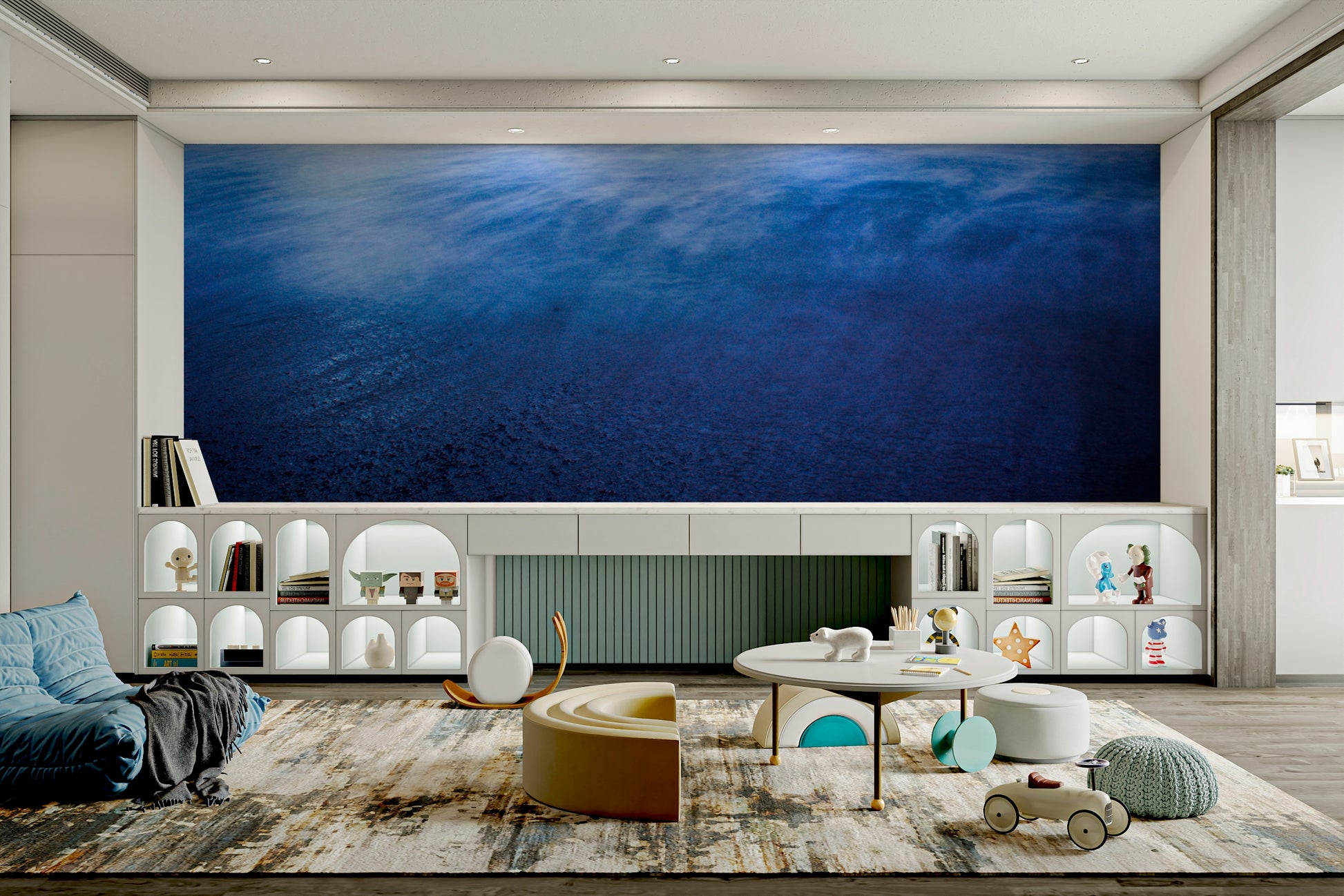 A peaceful open ocean mural on decorative wallpaper.

