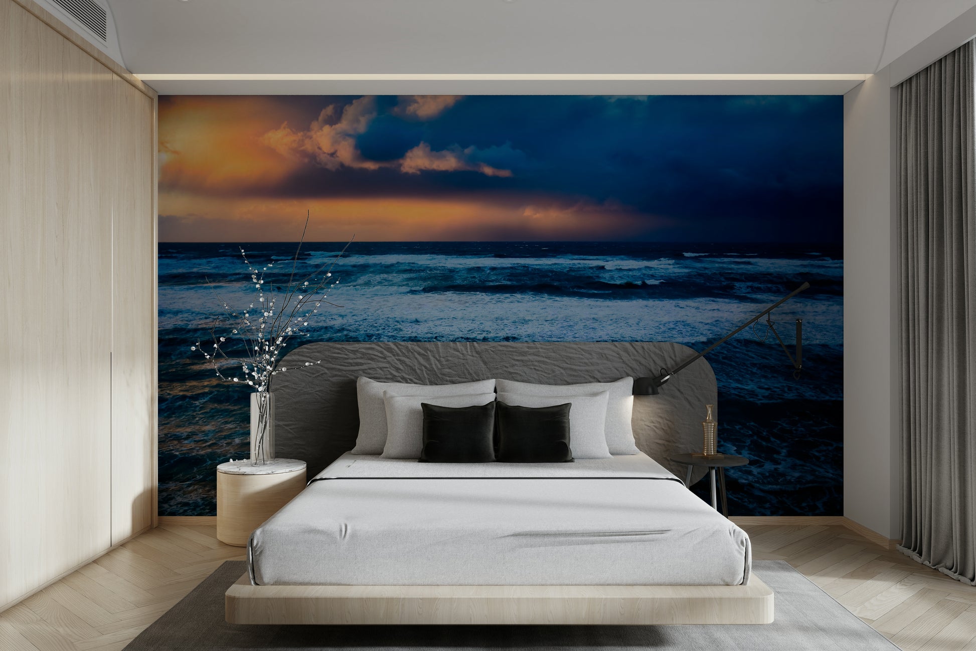 A peaceful open ocean mural on decorative wallpaper.

