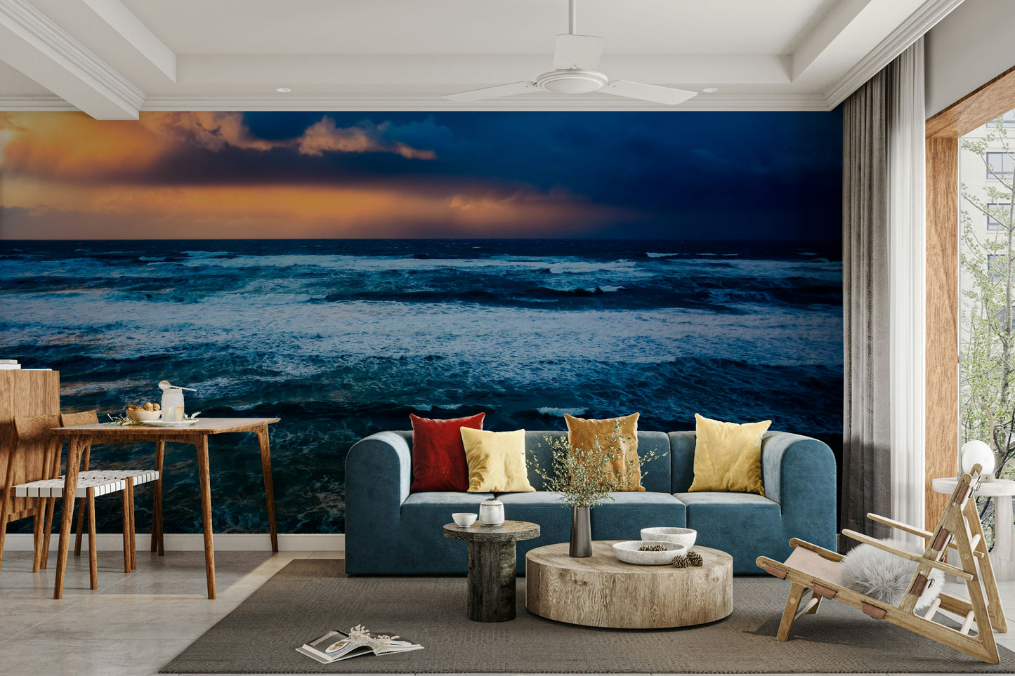 A graceful subtle storm wall mural in cool, dark tones.

