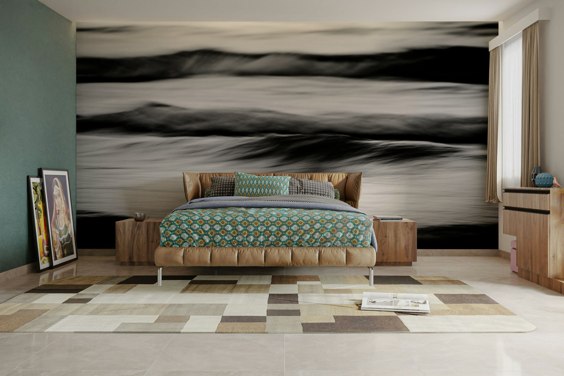 A peaceful open ocean mural on decorative wallpaper.


