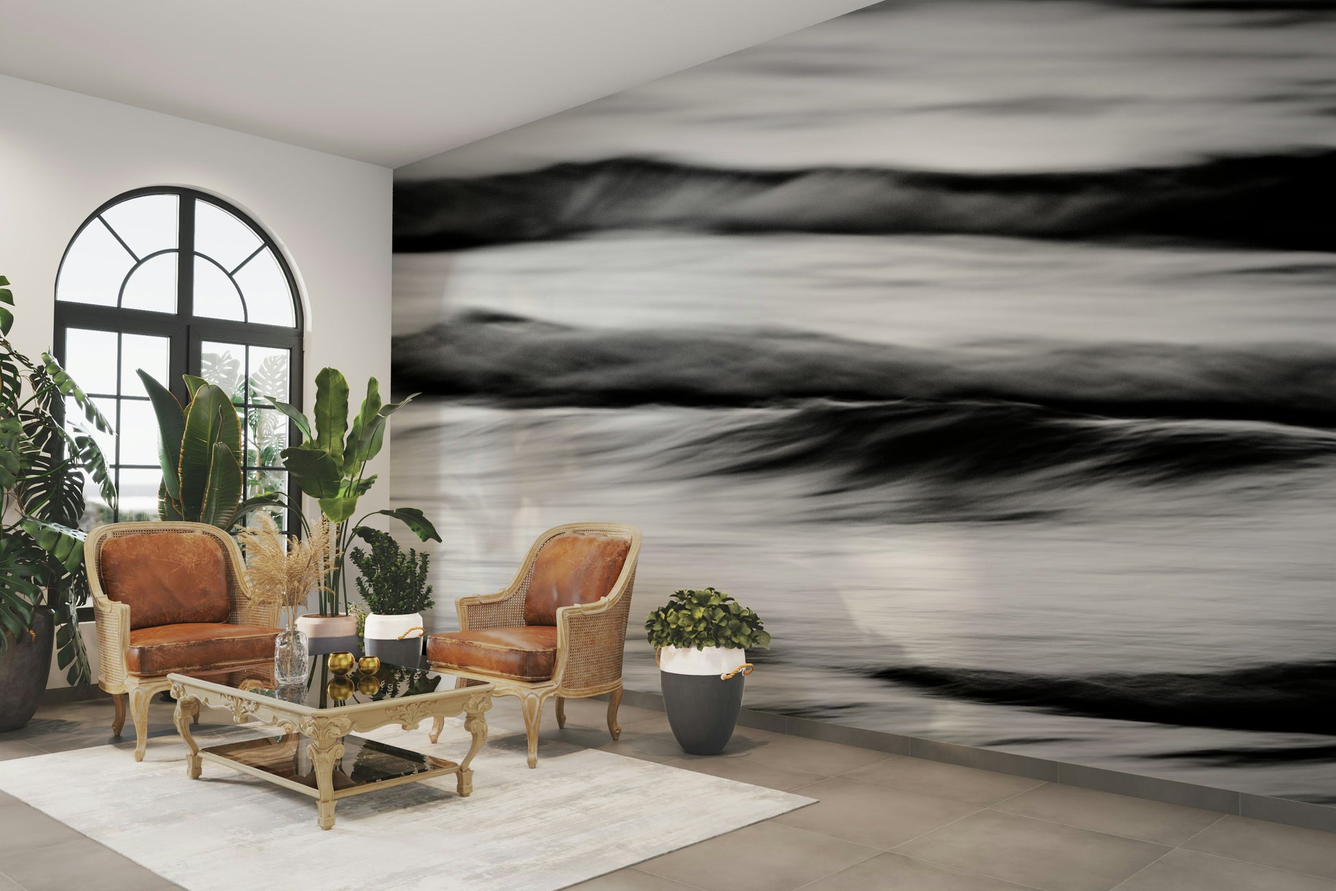 A calming water movement wallpaper mural that defines a space.

