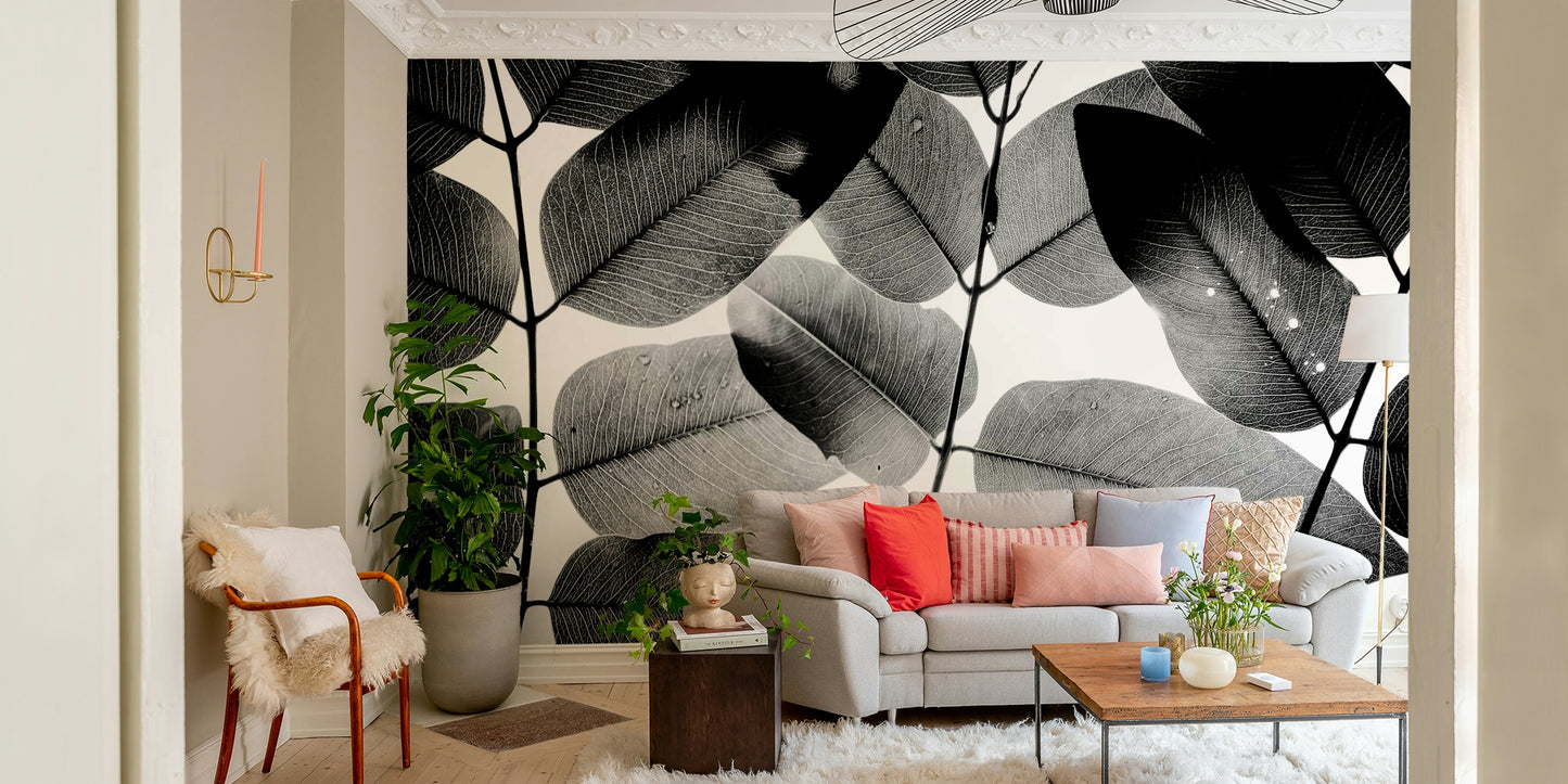 A graceful subtle foliage wall mural in cool, natural tones.

