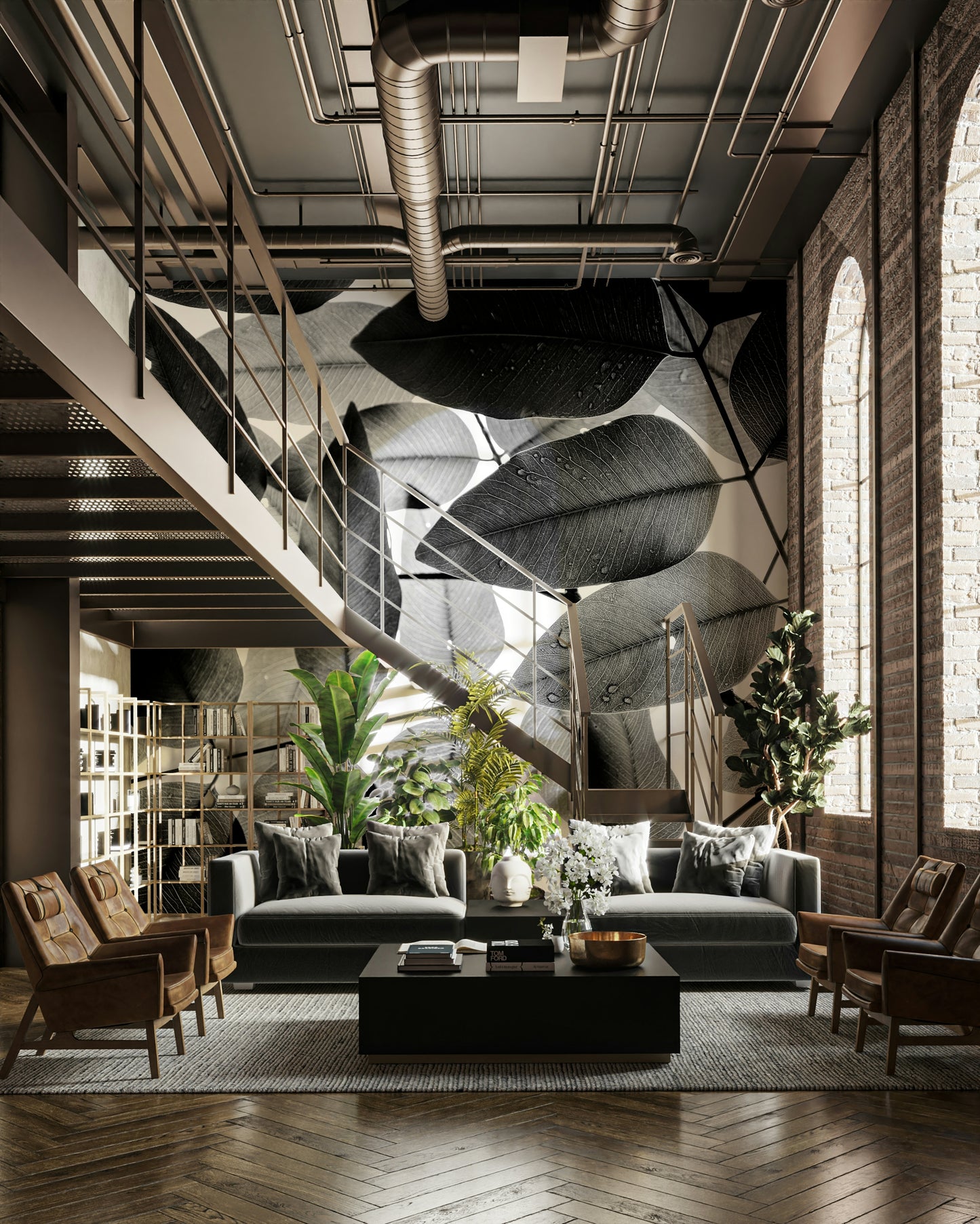 A contemplative leaf design wallpaper mural for a feature wall.

