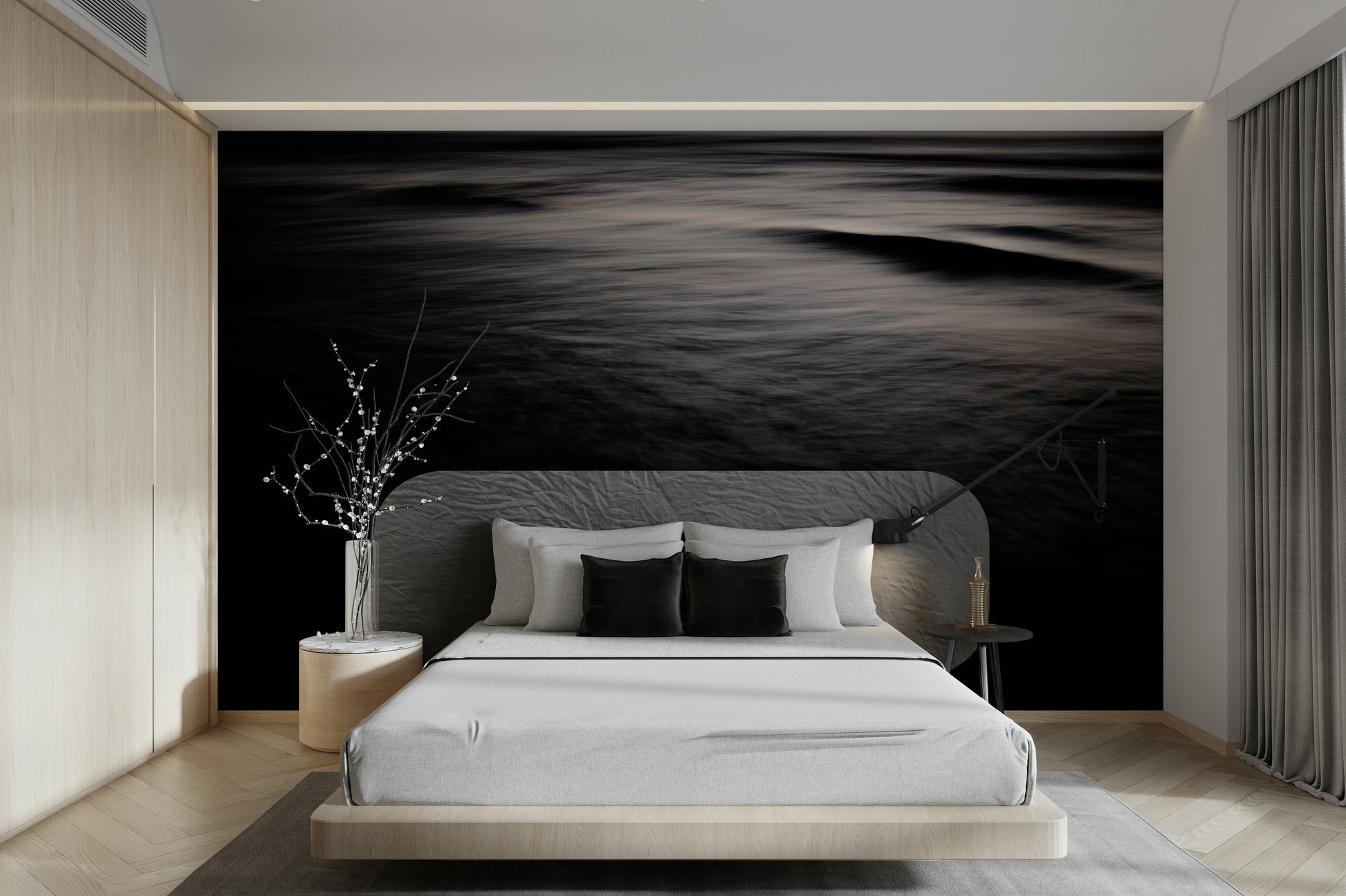 A peaceful nighttime scene mural on decorative wallpaper.

