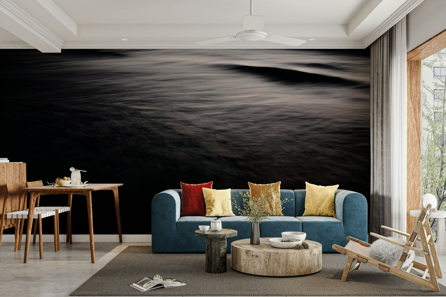 A calming serene twilight wallpaper mural that defines a space.

