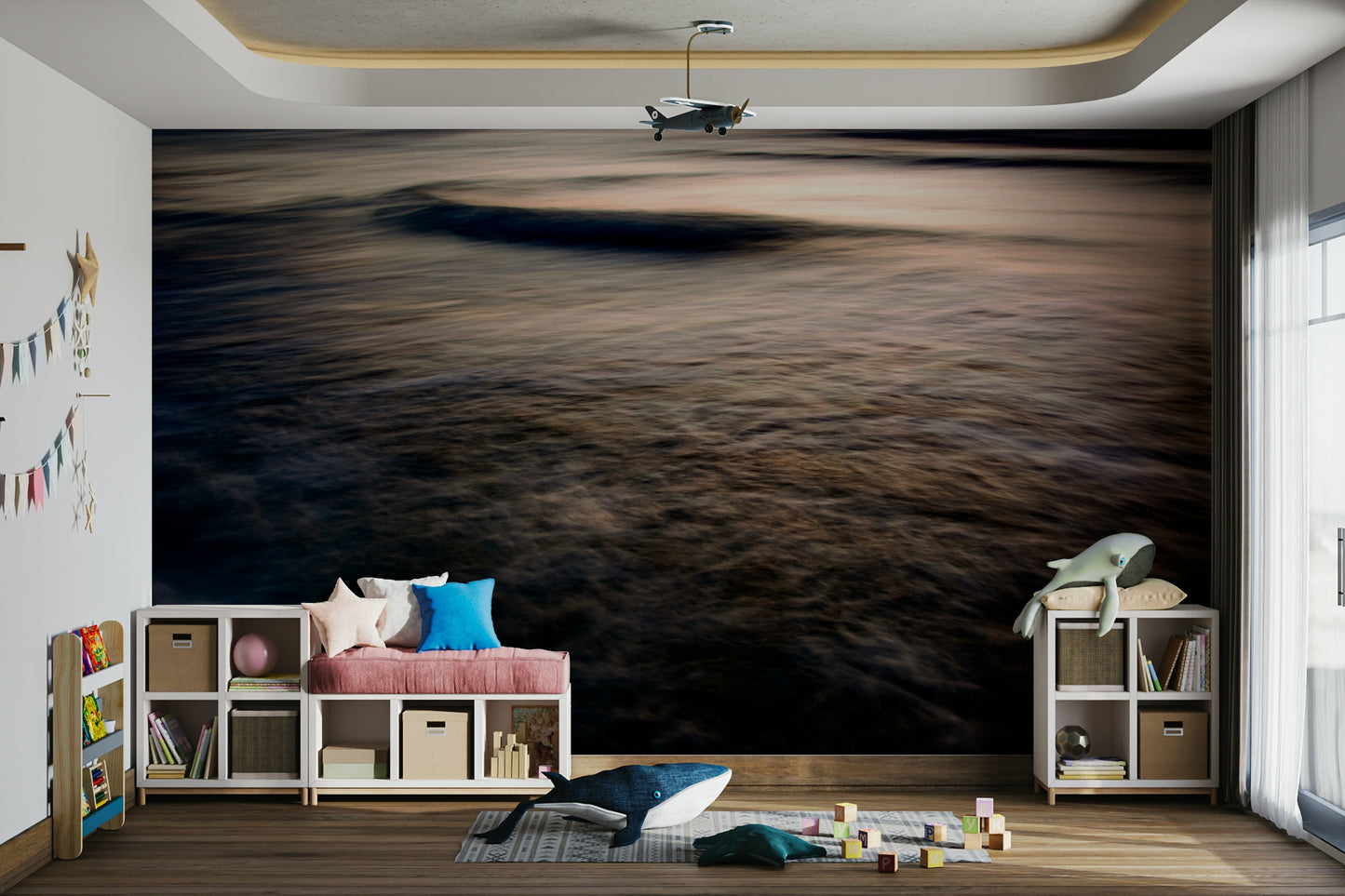 A graceful subtle color wall mural in deep, dark tones.

