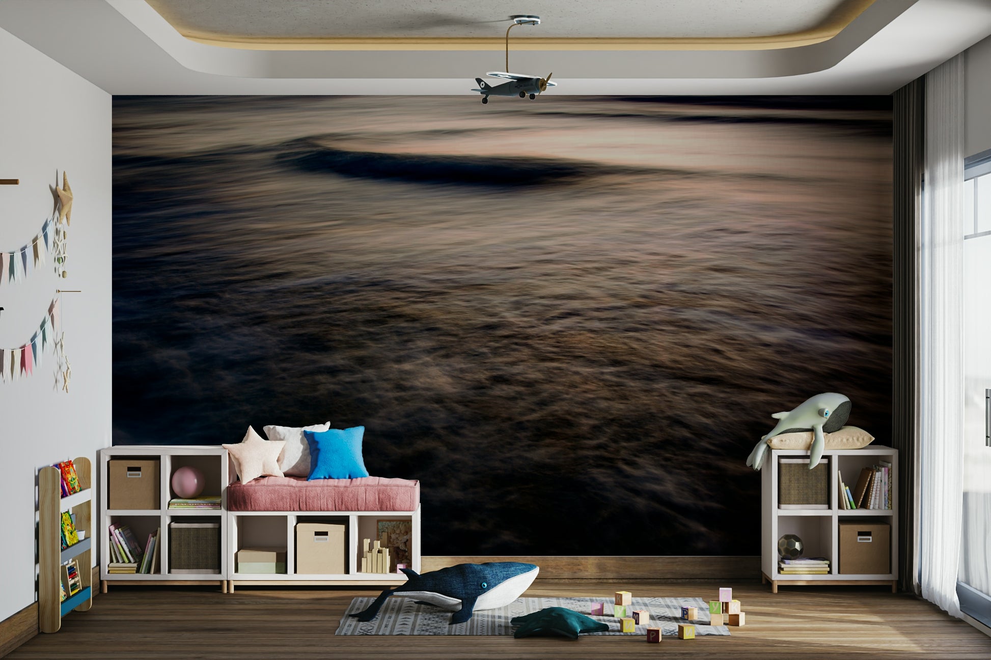 A graceful subtle color wall mural in deep, dark tones.

