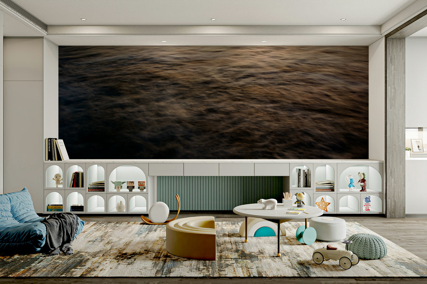 An artistic abstract dusk mural on minimalist wallpaper.

