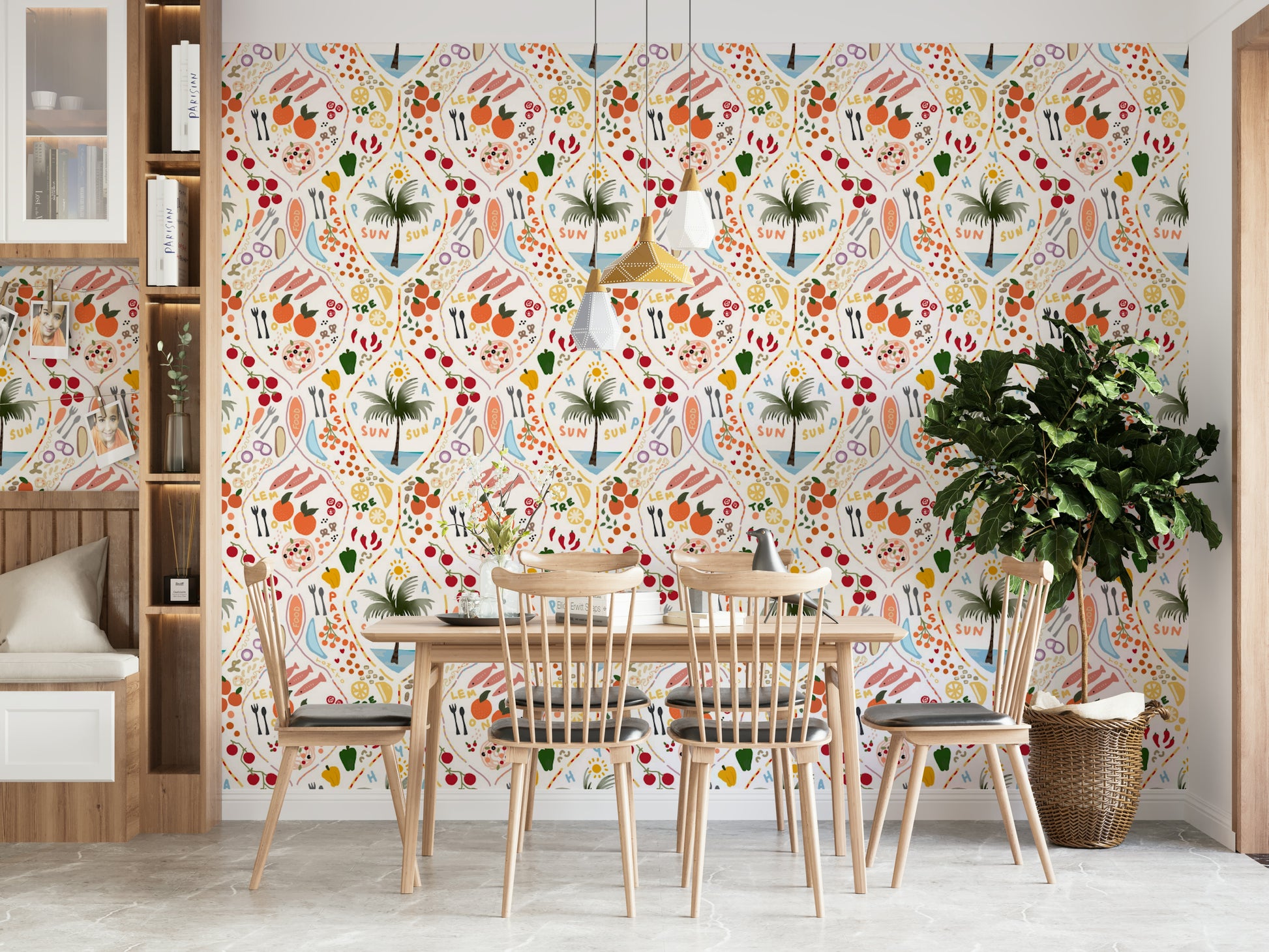 A peaceful island table mural on decorative wallpaper.

