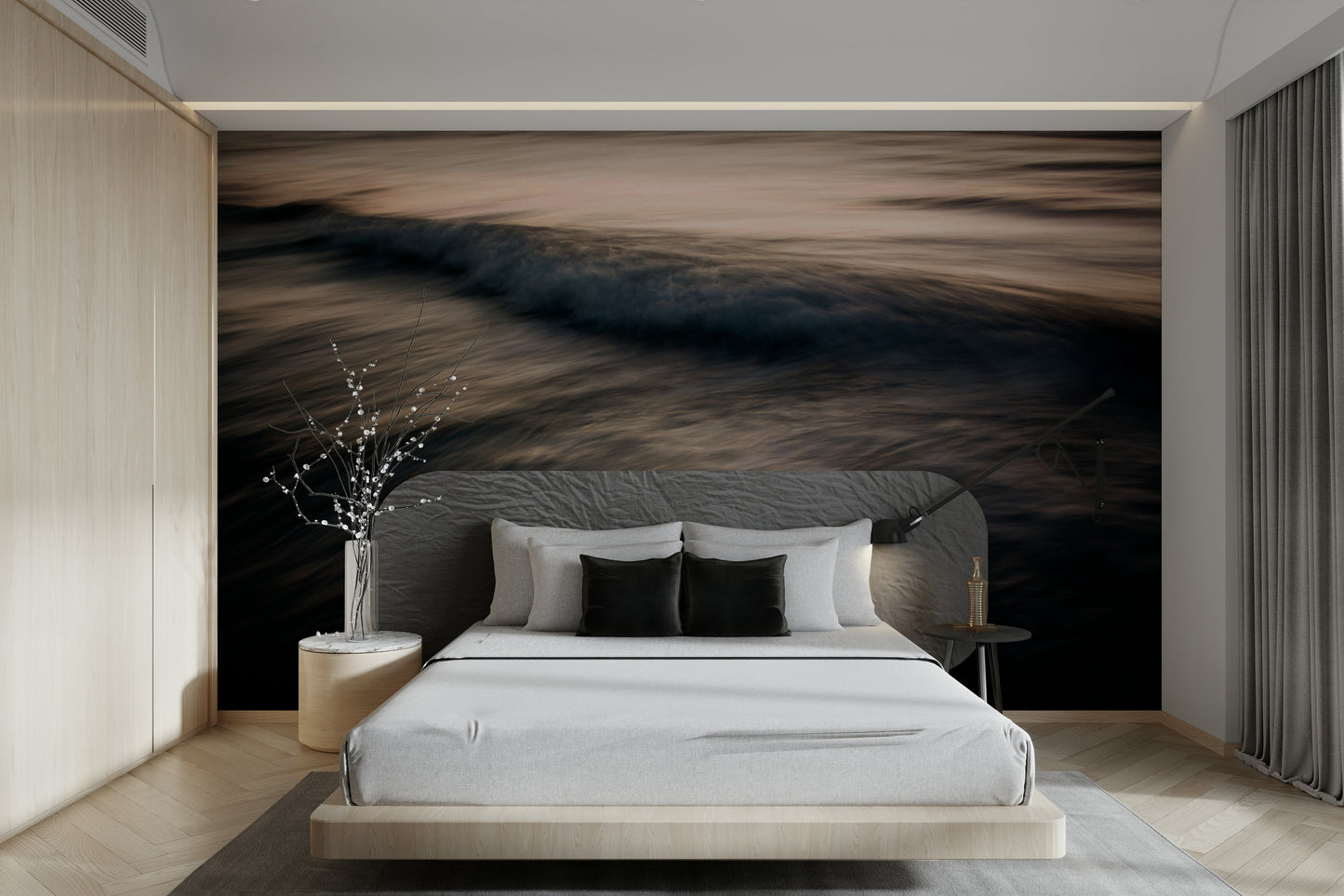 A graceful subtle pattern wall mural in cool, natural tones.

