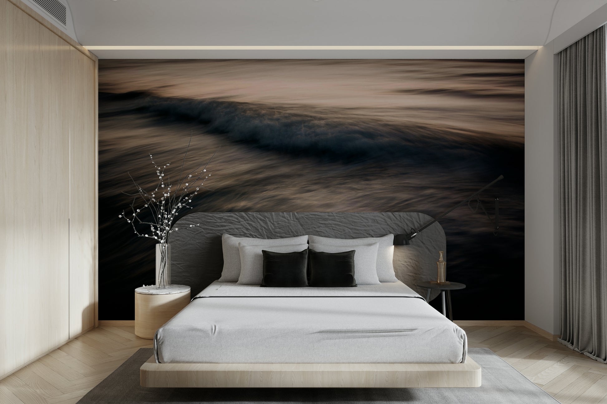 A graceful subtle pattern wall mural in cool, natural tones.

