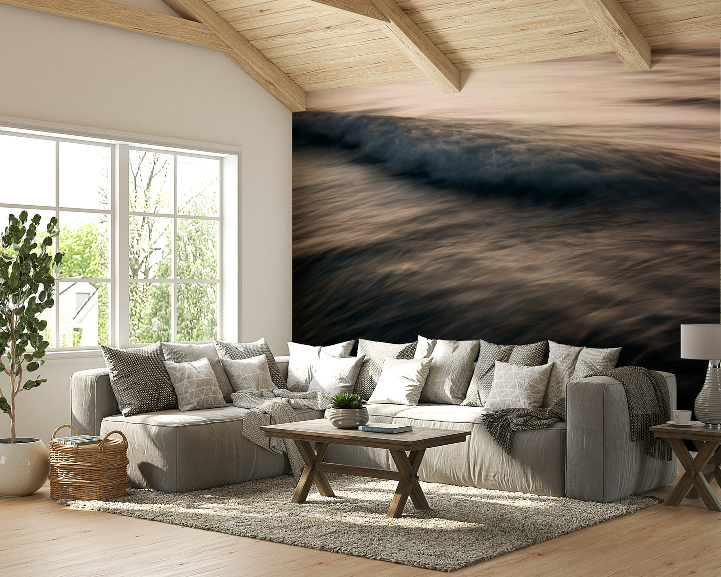 A calming serene color wallpaper mural that defines a space.

