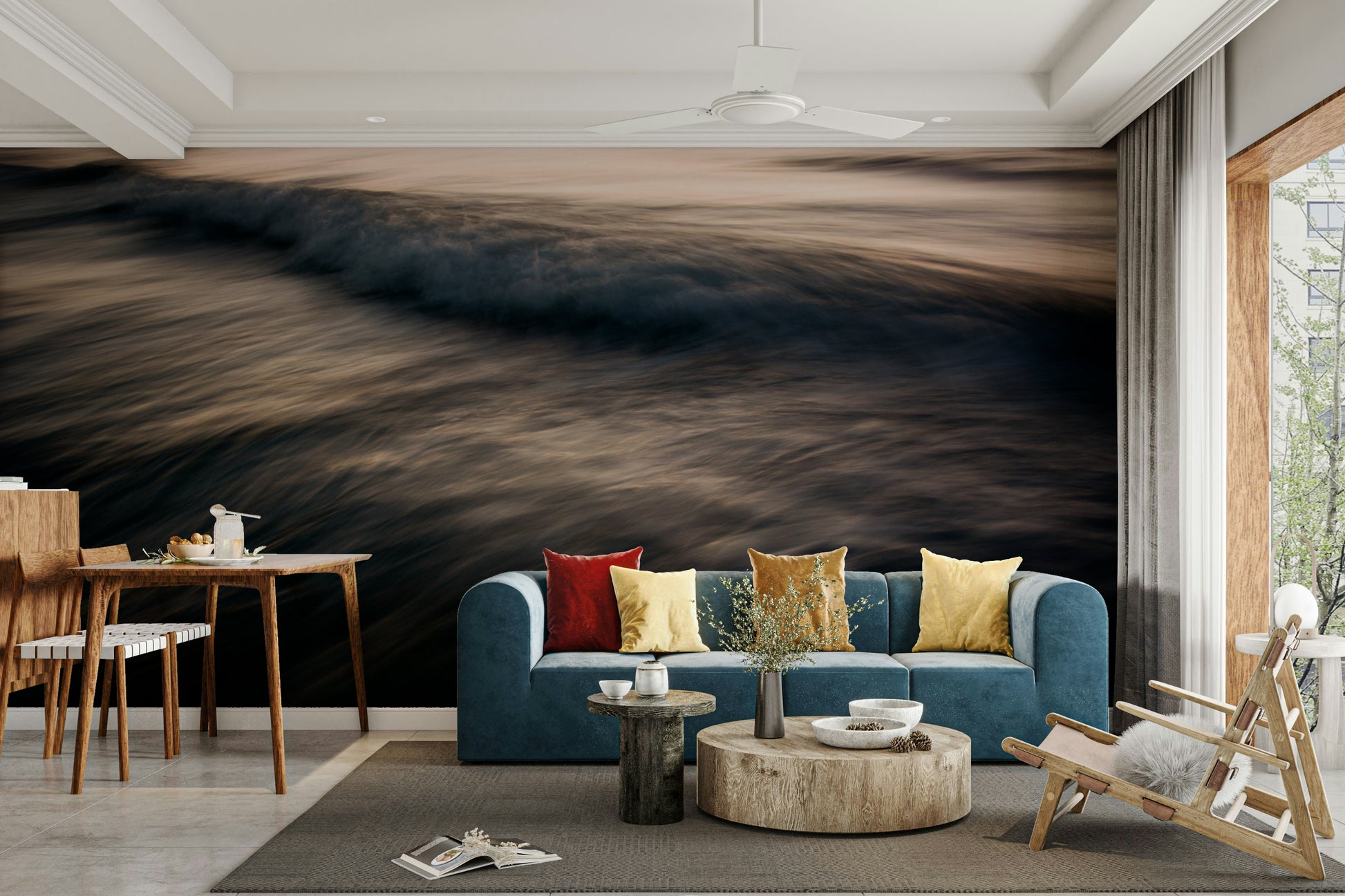 An artistic abstract dusk mural on minimalist wallpaper.

