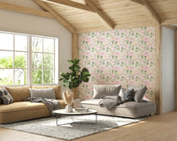 An artistic flower pattern mural on minimalist wallpaper.

