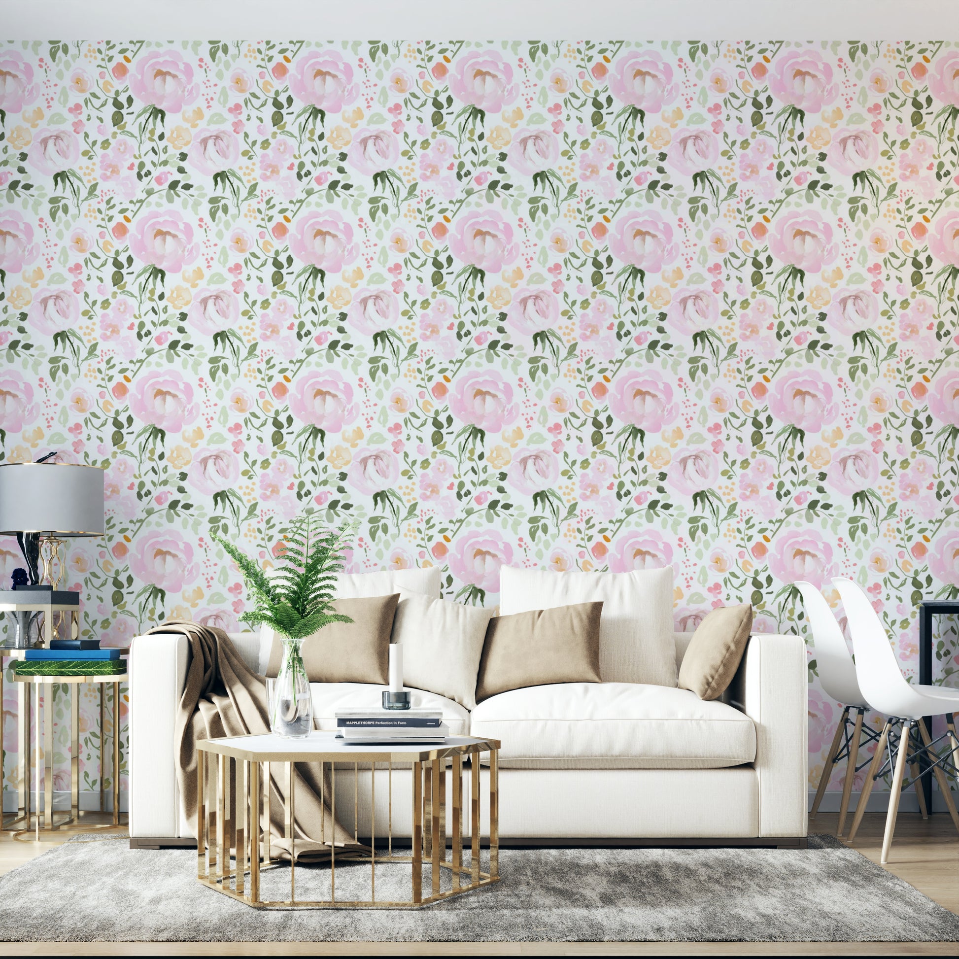 A graceful subtle bloom wall mural in soft, romantic tones.

