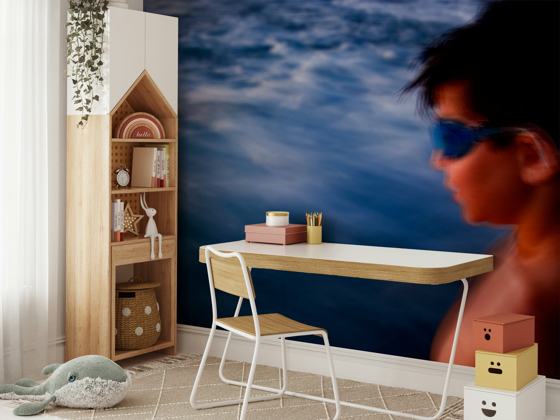 A peaceful coastal scene mural on decorative wallpaper.

