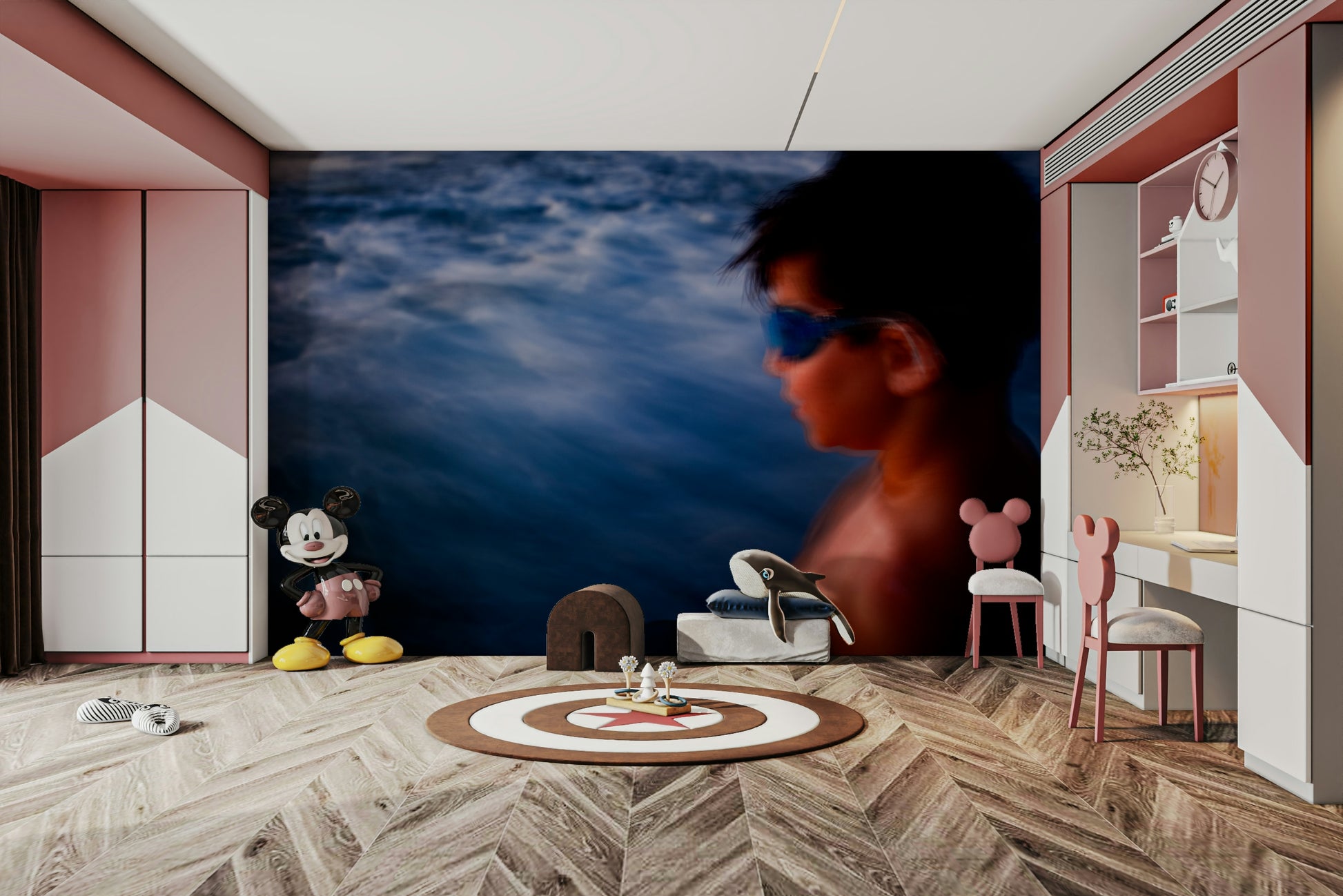 An artistic stormy sea mural on minimalist wallpaper.

