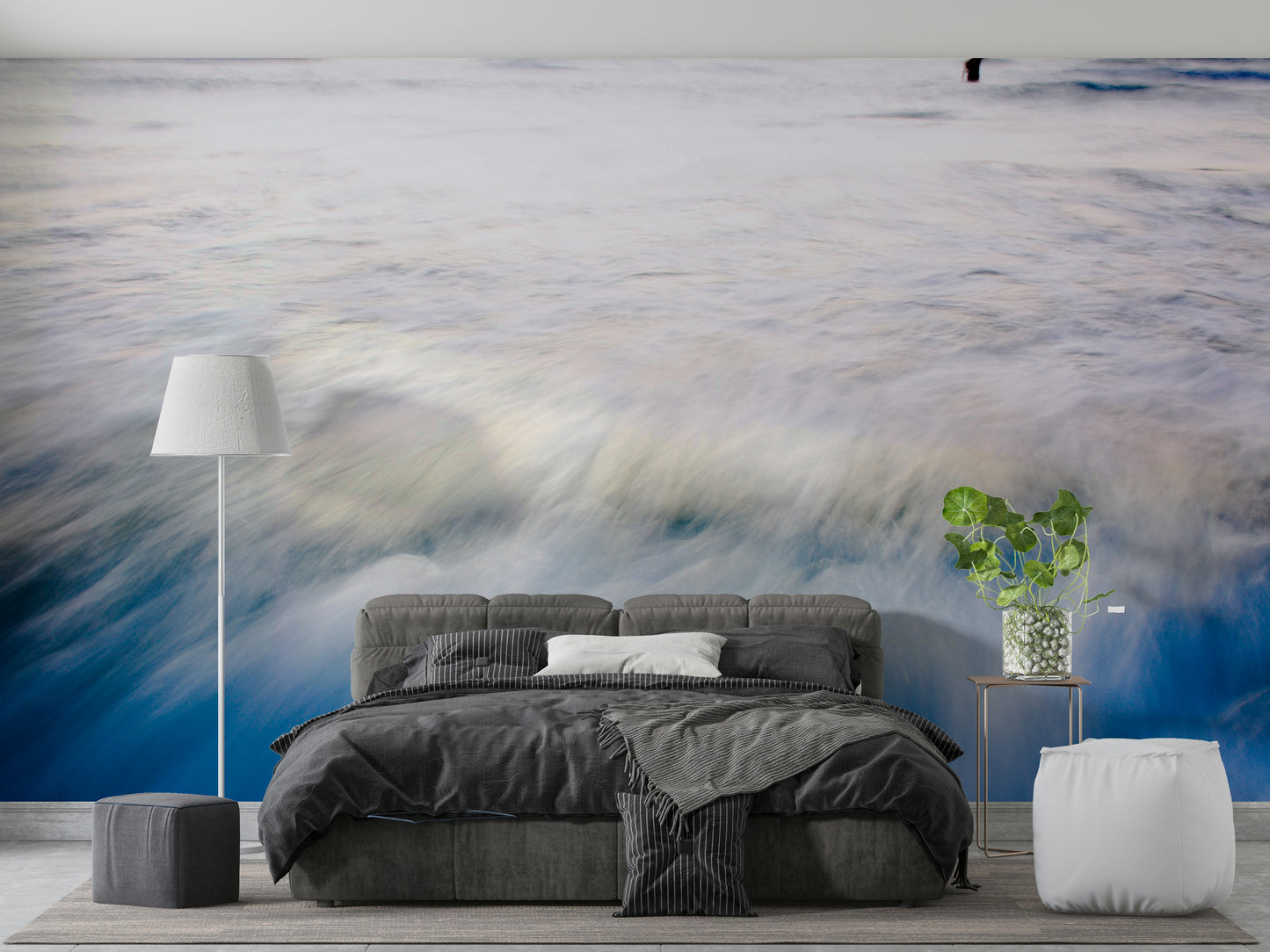 A peaceful open ocean mural on decorative wallpaper.

