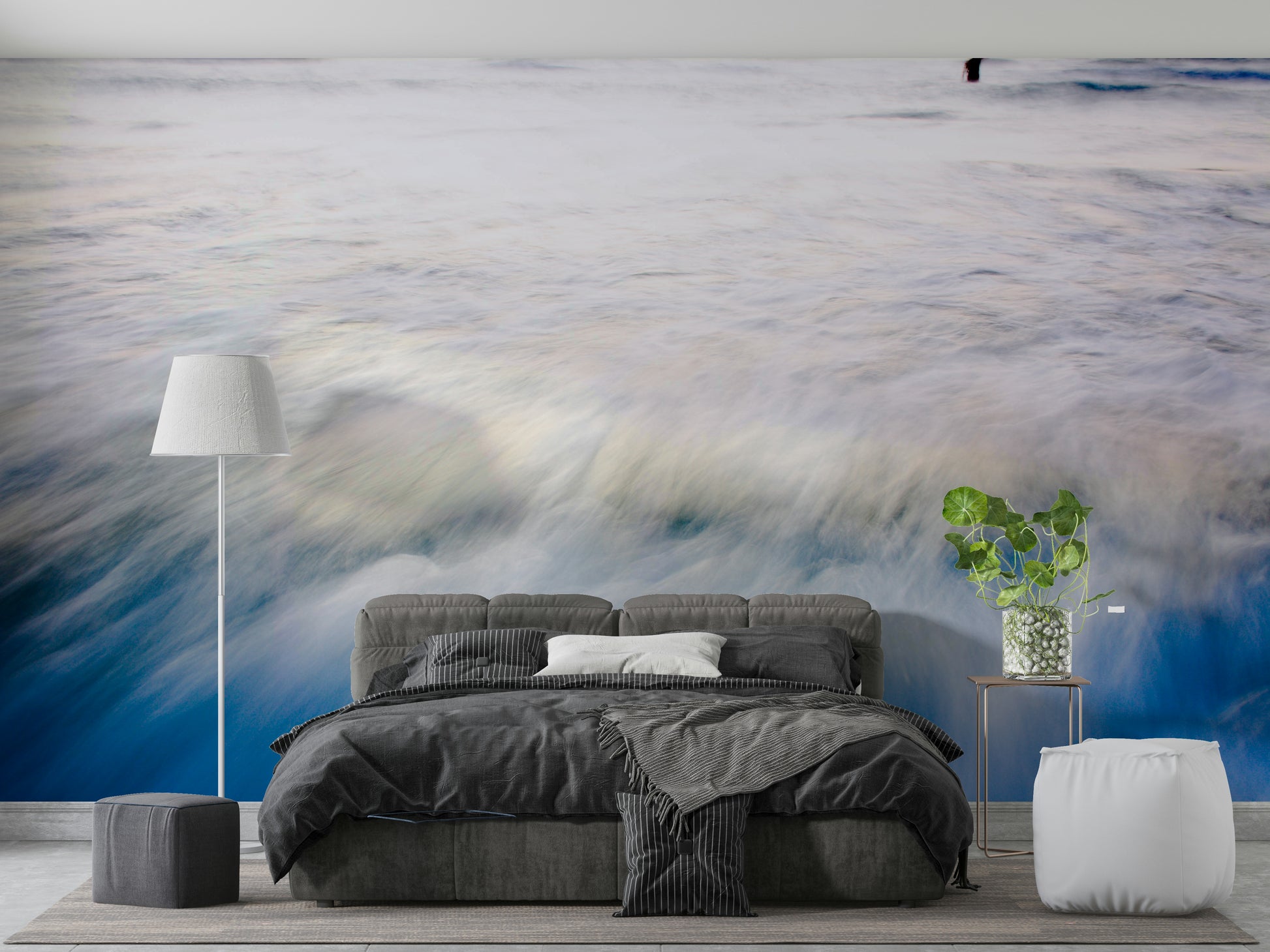 A peaceful open ocean mural on decorative wallpaper.

